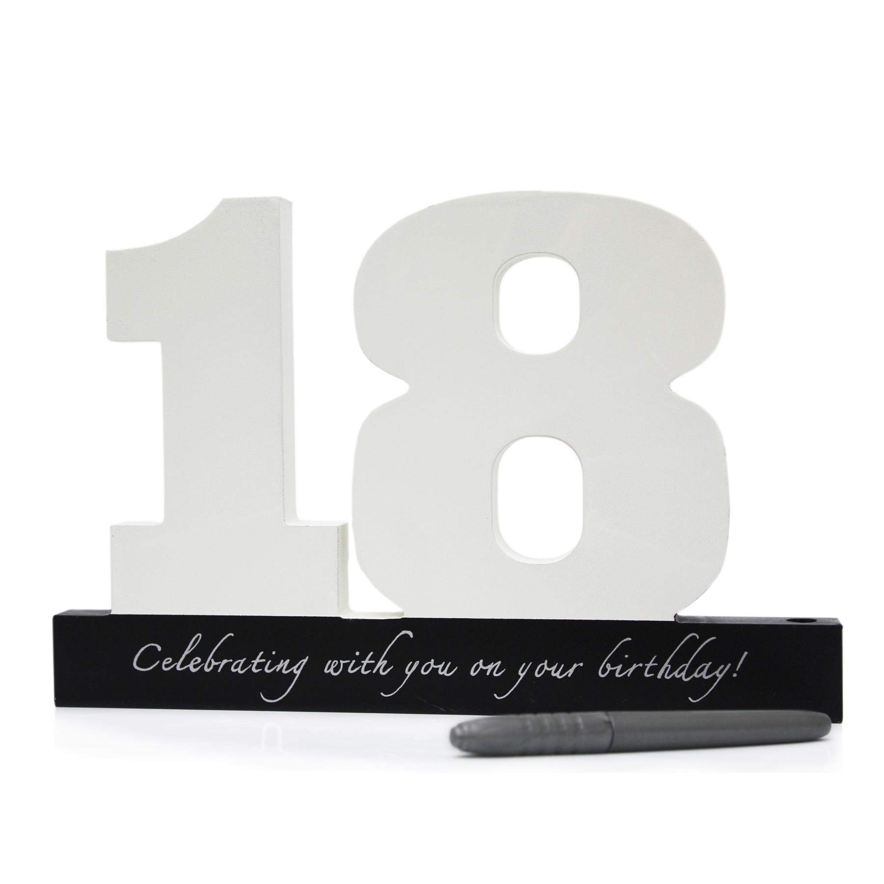Carousel Home and Gifts - Targa di compleanno con numeri di firma per 18 compleanno ~ Blocchi bianchi in legno con penna inclusa, targa per il 18° compleanno, cartello per libro degli ospiti