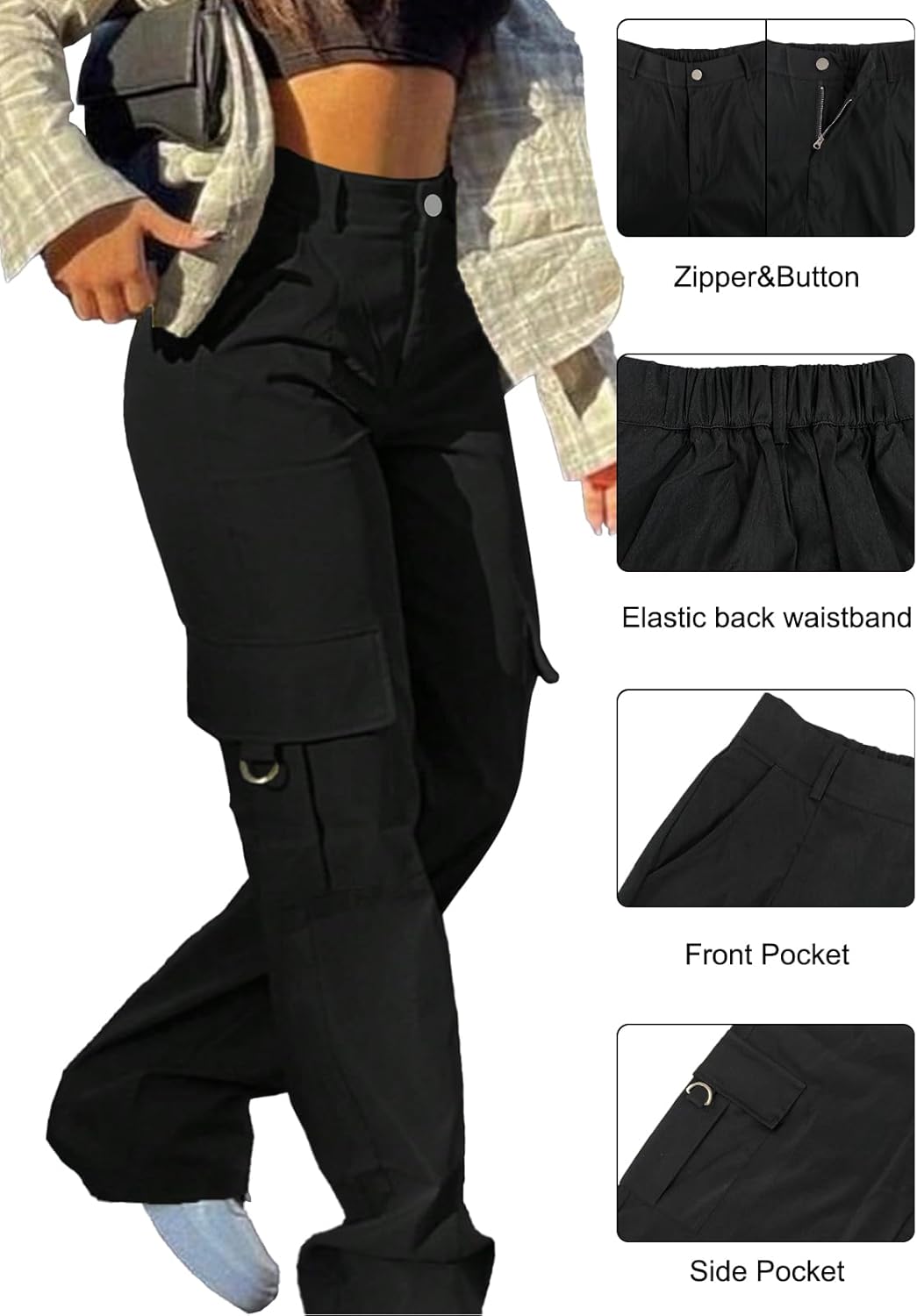 SDNGED Cargo Pants for Women High Waisted Baggy Wide Leg Stretchy Y2K Streetwear Black Cargo Pants Women with Pockets - Image 5