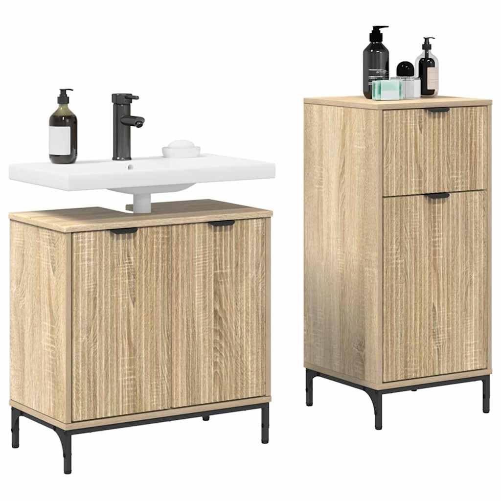 Juego de muebles de baño de 2 piezas de madera de roble Sonoma contrachapada de metal con armario bajo y armario alto, capacidad de carga de 120 kg, espacio de almacenamiento con cajón y