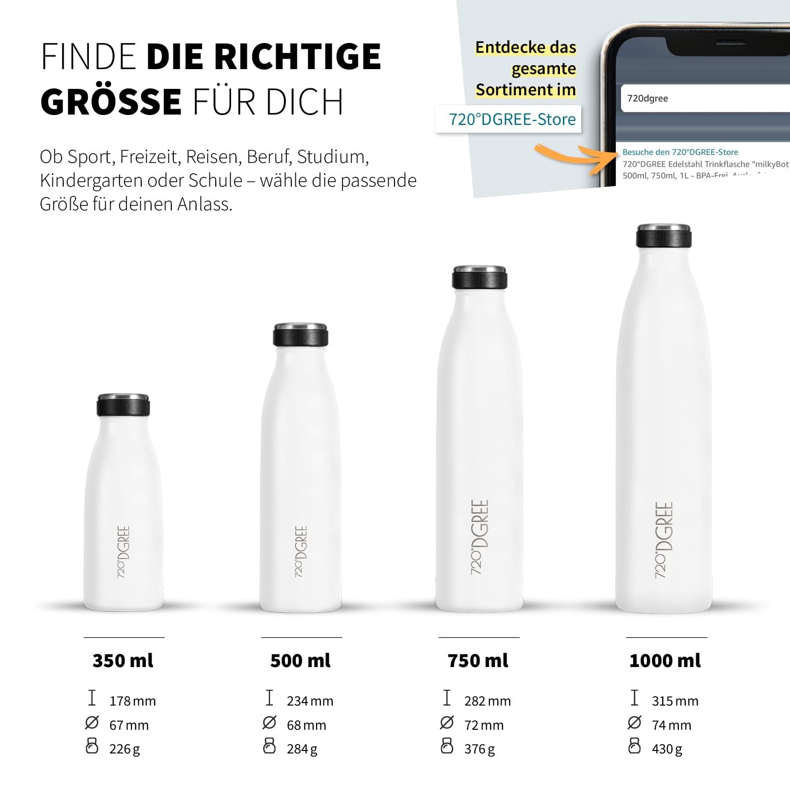 720°DGREE Gourde Acier Inoxydable milkybottle – 1000ml, Vert | Bouteille Isotherme d'eau | Revêtement Durable Parfaite pour Enfants, Sport, l'ecole | Isolée Qualité supérieure
