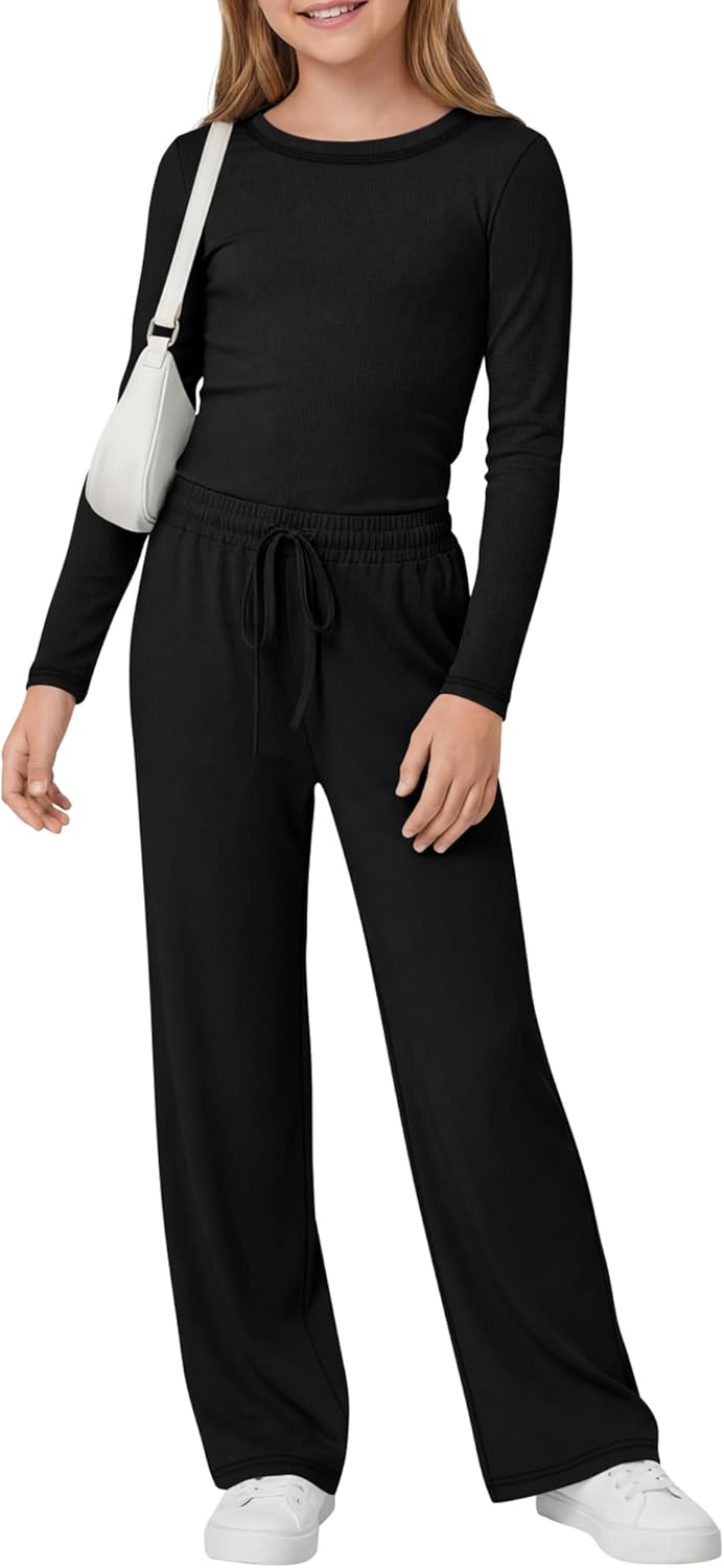 Girls 2 Piece Casual Sets Long Sleeve Crew Neck Top Straight Pants Outfits Drawstring Kids Stylish Clothing