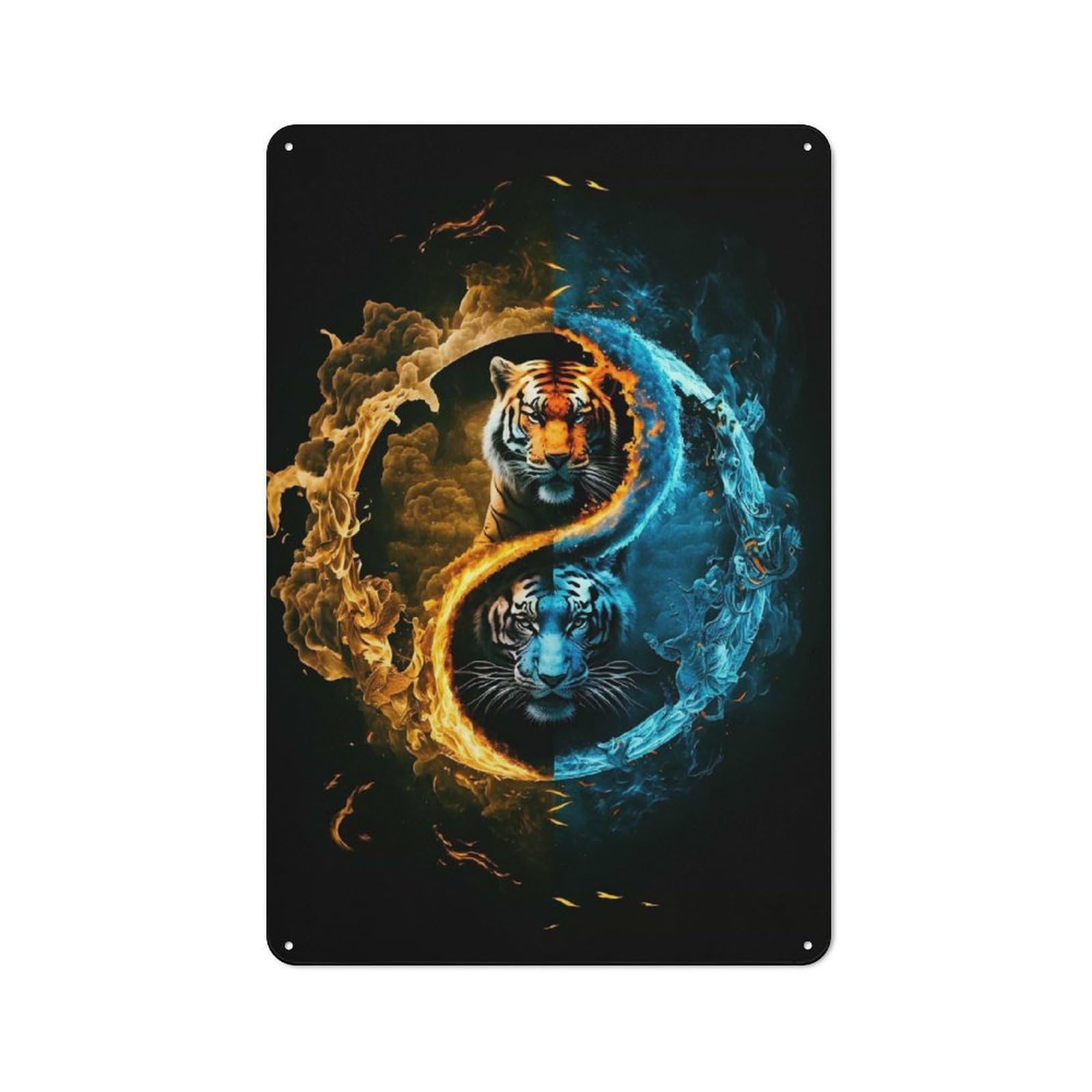 Junmoney Tiger Yin And Yang Rustic Metal Sign 30X20cm For Living Room Wall, With Clear Rustic Wall Decor Character