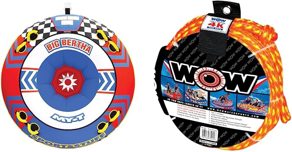 SportsStuff Big Bertha 1-4 Rider Tube + Wow Sports World of Watersports 60 ft. Tow Rope with Floating Foam Buoy