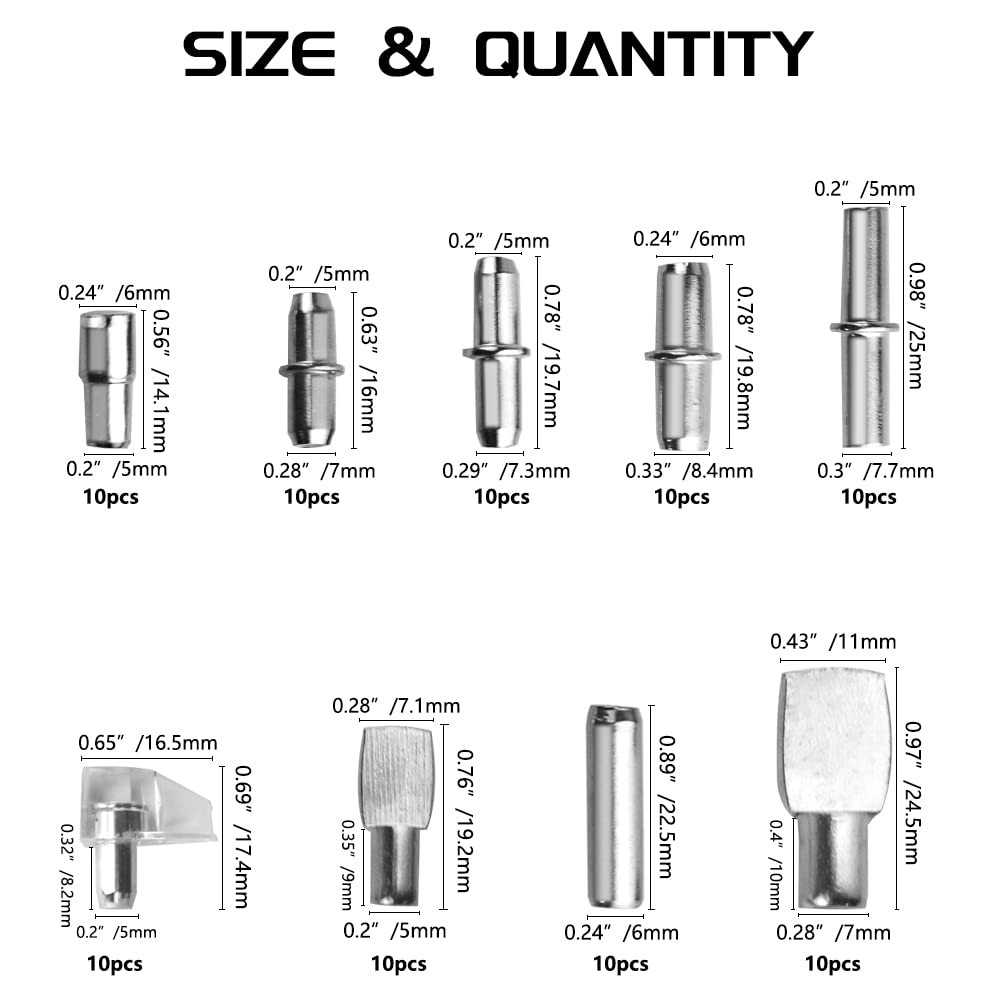 WMYCONGCONG 150 PCS Shelf Bracket Pegs Kit, 7 Styles Shelf Pins Shelf Support Pegs Cabinet Shelf Holders Pegs for Shelves Book Shelf Closet Metal Nickel Plated — Amazon image 3