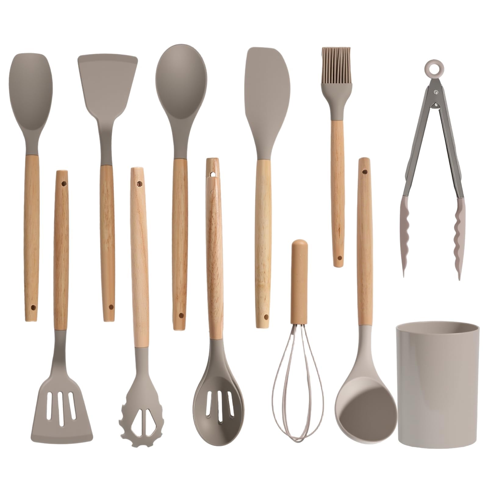 Silicone Cooking Utensil Set,12 PCS Cooking Cookware Kitchen Utensils Set, Nonstick 446°F Heat-Resistant Cookware Kitchen Tools of Spatula,Turner Tongs,Spoon,Brush,Whisk,(khaki)