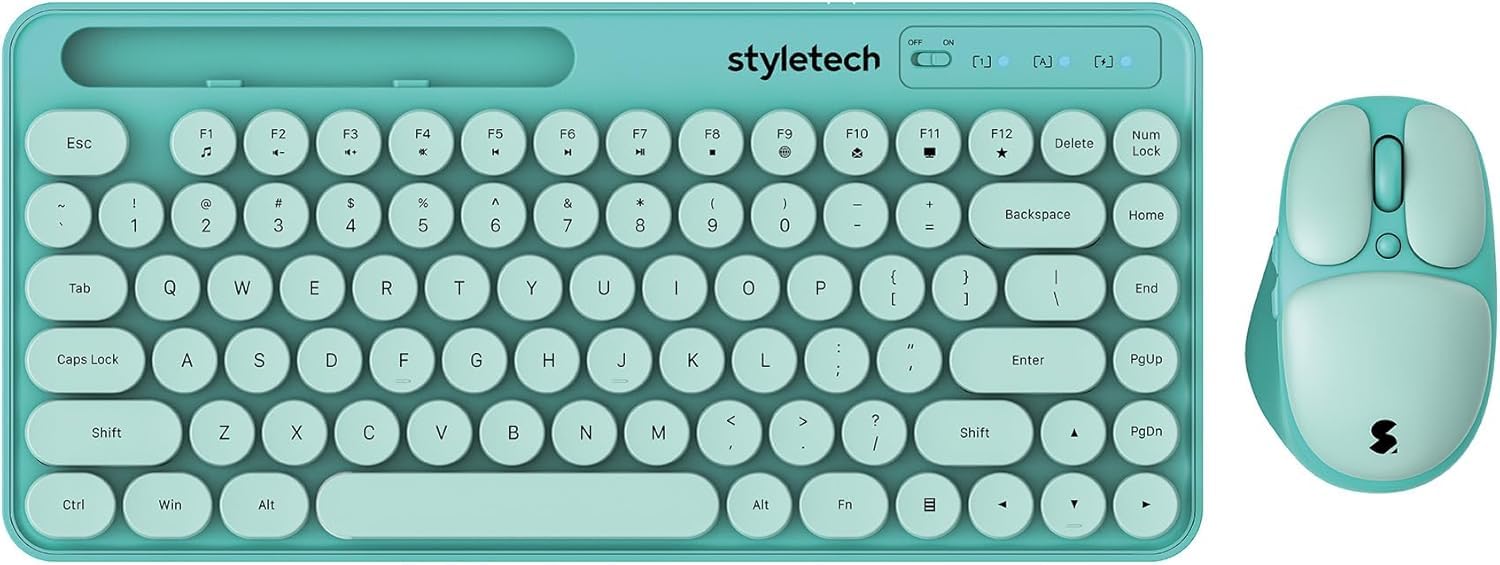 styletech MK520 Wireless Pastel Keyboard and Mouse Bundle - Mint - Compatible with PC
