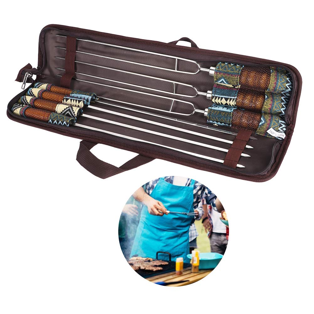 Juego de 7 Tenedores para Barbacoa, Tenedor para Cocinar Carne de Acero Inoxidable en Forma de U, Herramientas Portátiles para Barbacoa, Tenedores para Carne con Mango