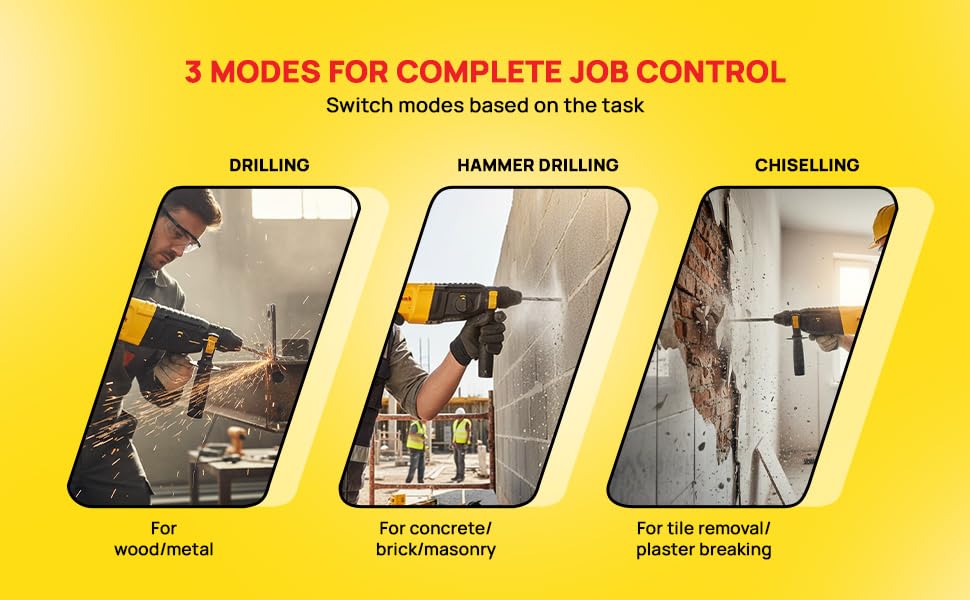 Image of 950W Rotary Hammer Drill | 26 mm | Heavy-Duty Drilling & Chiseling Tool | 1300 RPM | 3.3 J Impact Energy | Quick-Change System | Lightweight 3 kg | Soft-Grip Handle | 6-Month Warranty | Yellow