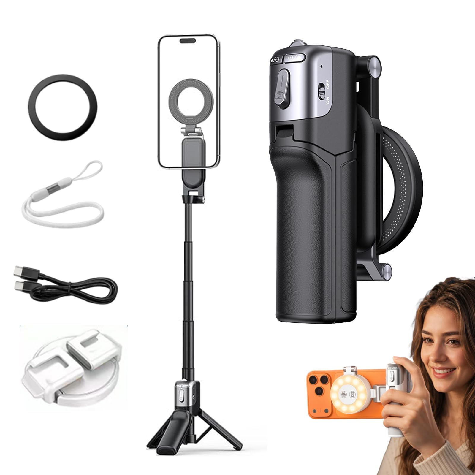 Zoomable Magnetic Palm Grip | Selfie Stick & Tripod (Black,without Light)