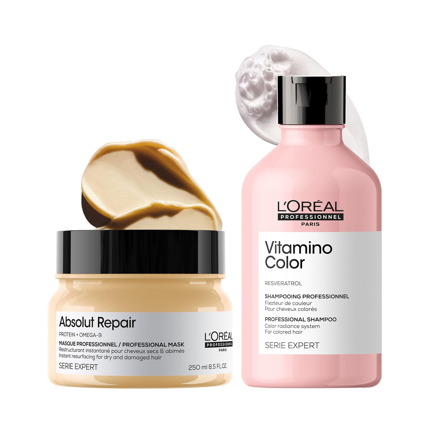 L'Oréal Professionnel Paris Serie Expert Vitamino Shampoo Protects Hair Colour From Fading,Adds Shine With Antioxidant Properties&Serie Expert Absolut Repair Masque 250 Gm,For Dry&Damaged Hair