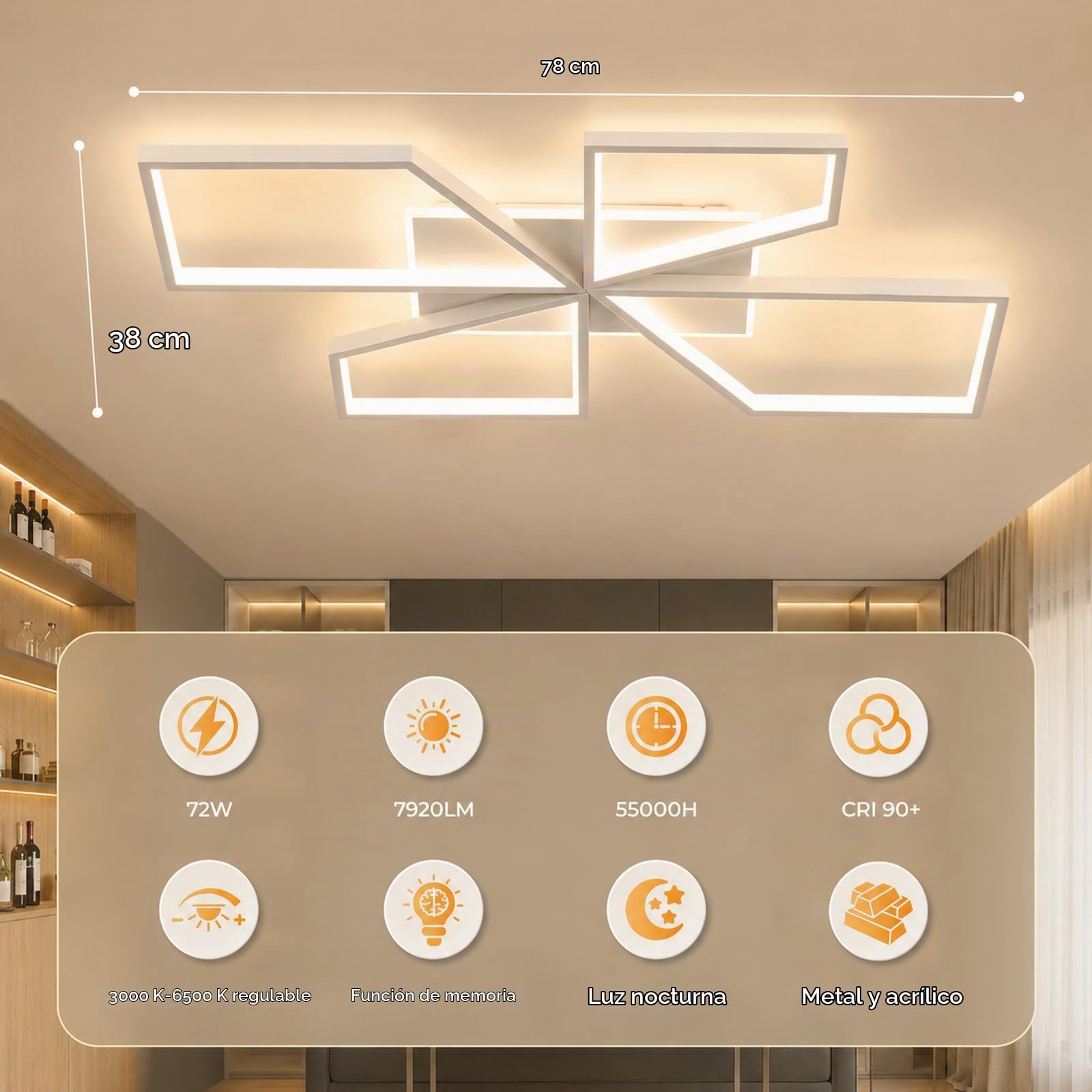 OTREN Plafon LED Techo Regulable, 78CM Lampara Techo Salon con Mando a Distancia para Dormitorio Comedor, Blanco 72W