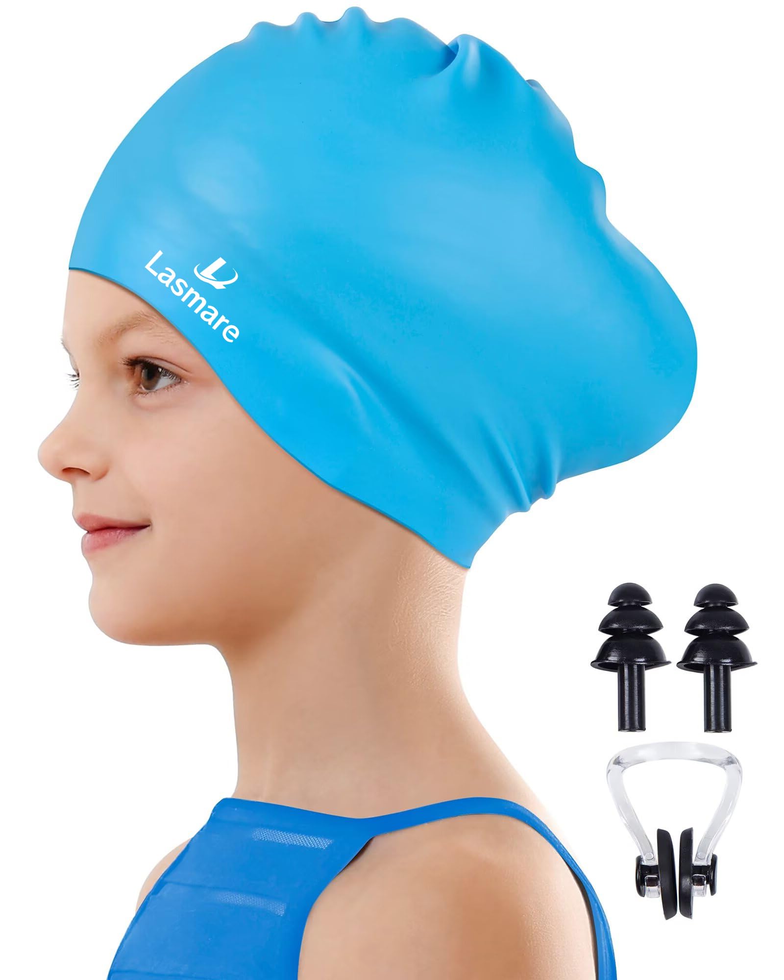Kids Long Hair Swimming Cap for Girls Boys, 2 Size Silicone Swimming Hat for Age 3-15 Toddler Children Teens, Waterproof Swim Cap Bathing Hat with Ear Plugs & Nose Clip to Keep Hair Dry(Age 3-8/Blue)