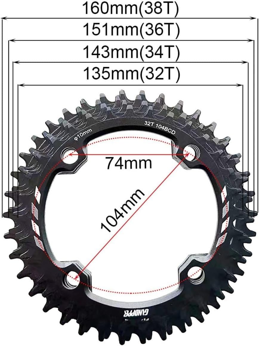 Guarnitura Single Speed ​​30T 32T 34T 36T 38T 152mm /165mm /170mm Pedivelle quadrate 104 BCD Guarnitura per Bici Single Speed, Bici a Scatto Fisso, Bici da Pista (Colore: Rosso, Mi