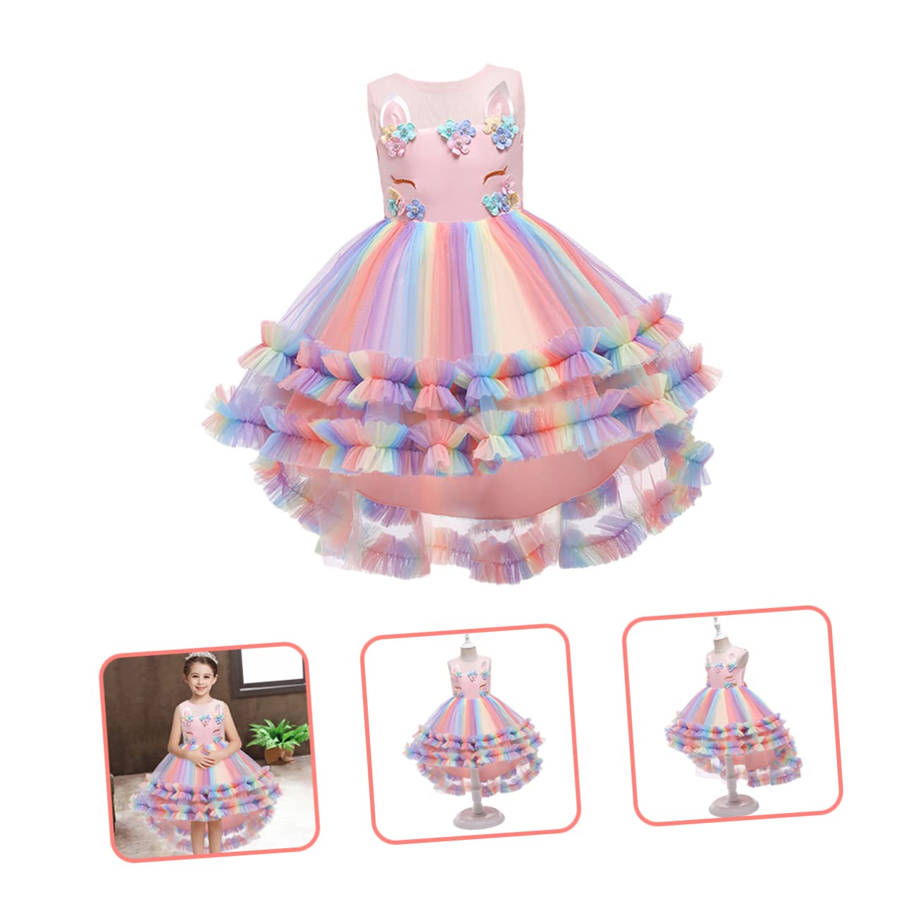 PACKOVE Abito Principessa Unicorno per Bambina, Vestito Rosa in Cotone e Garza, Morbido e Ben Rifinito per Festa e Cerimonia, 130cm