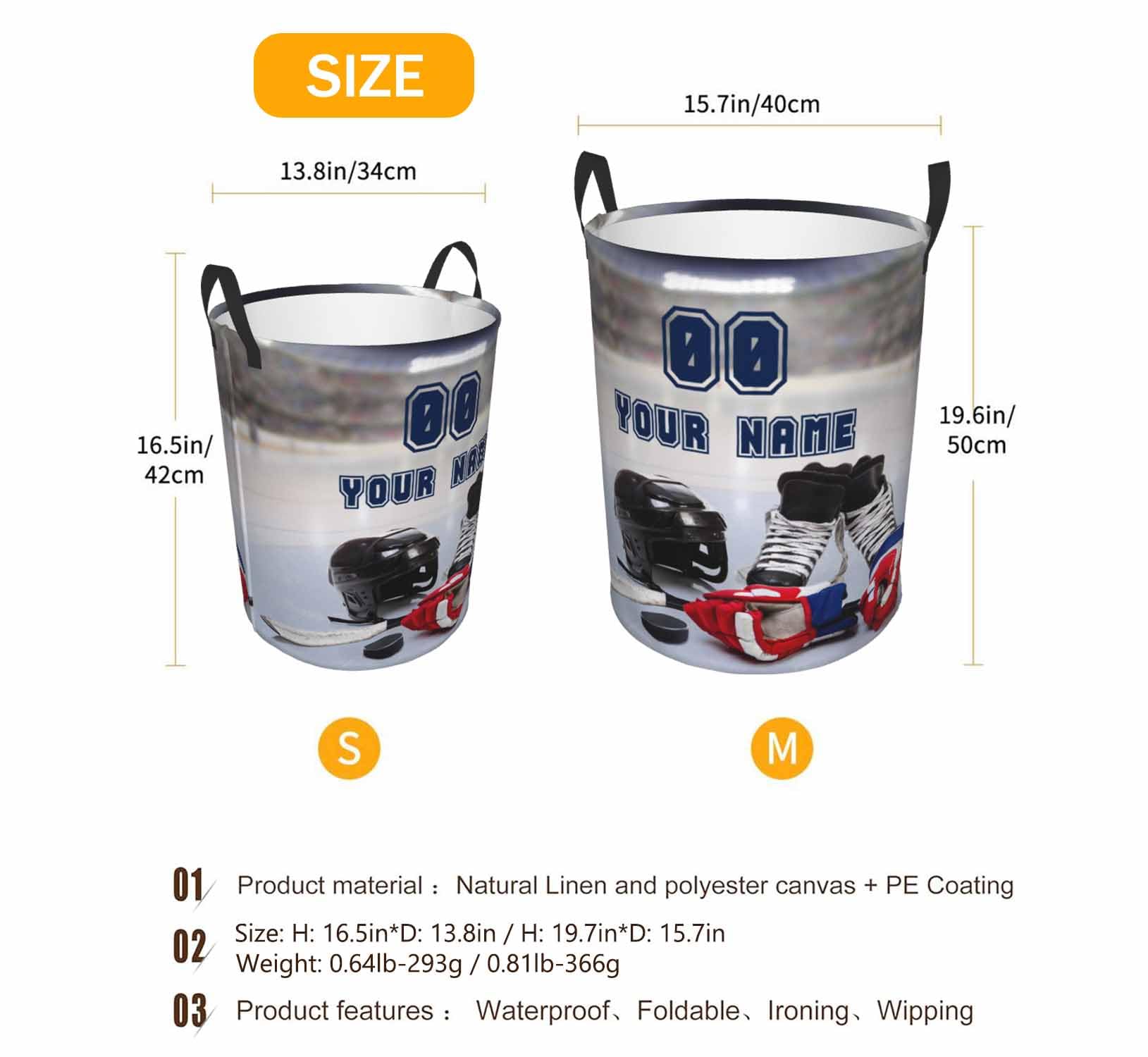 Custom Laundry Basket, Personalized Ice Hockey Laundry Hamper With Number And Name, Round,Standing,Waterproof,Washable, For Bedroom Bathroom College Dorm Large 19.6x15.7 Inch