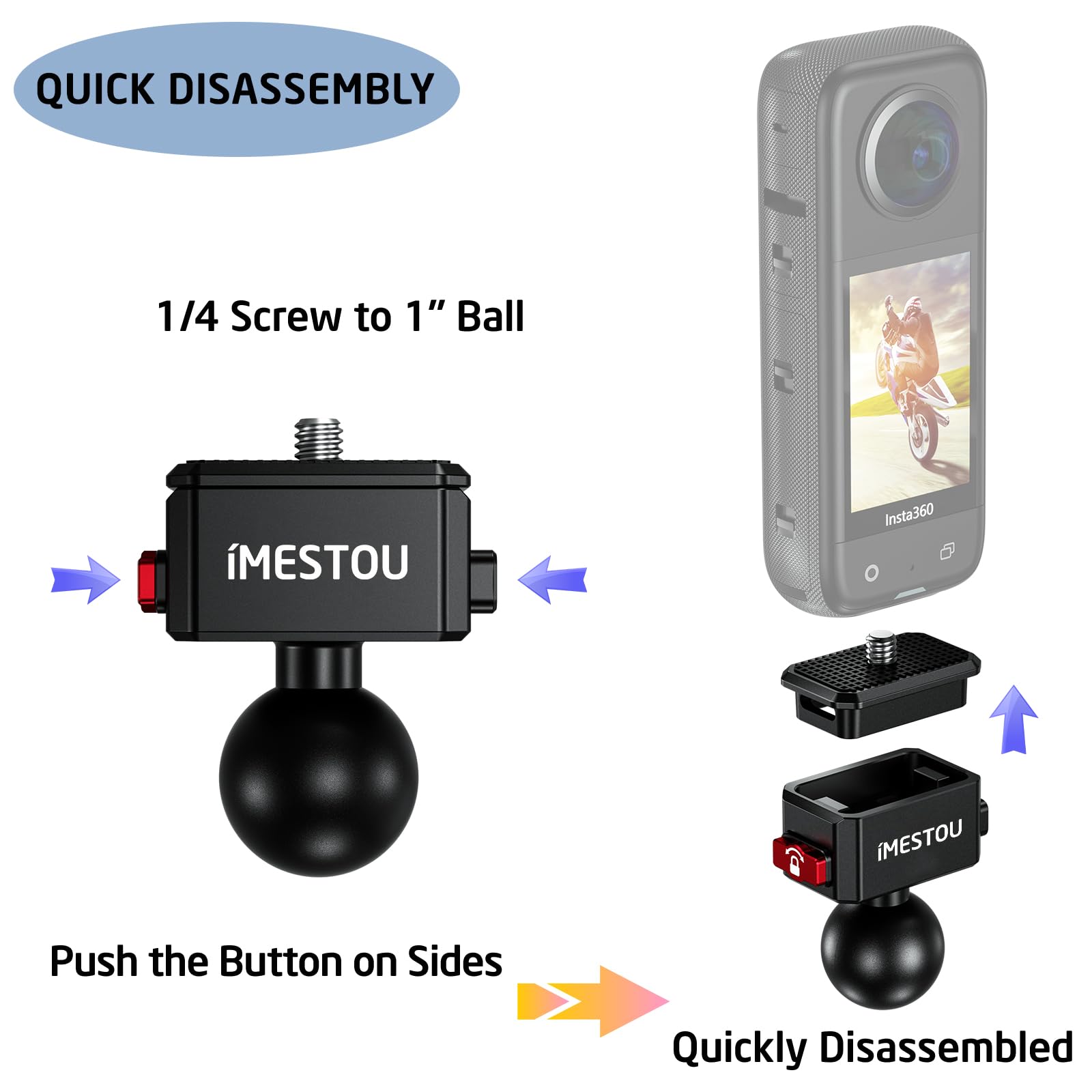 iMESTOU Sports Camera Riding Mount with 1/4 Screw for Insta 360 Action Camera Installing and 1“ Ball Head 360° Adjustable Fits for RAM iMESTOU...1