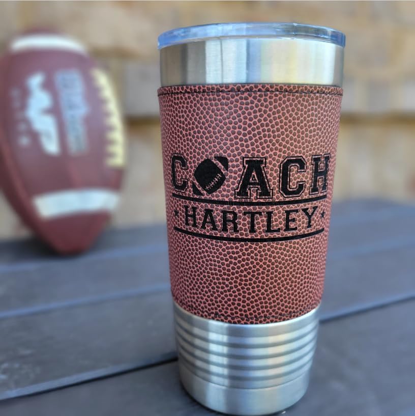 Personalized Football Tumbler! Insulated Leatherette Tumbler with Football Texture Gift For Coach! 20oz Football Coach Gift! - Image 2
