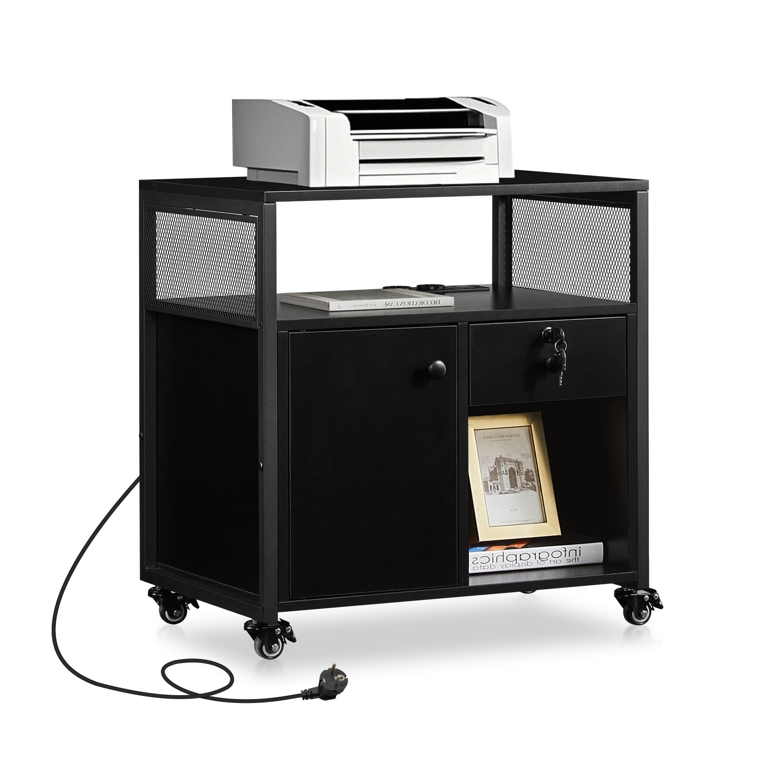 TUKAILAi Caisson de Bureau Rangement Avec USB Port, Caisson Imprimante Mobile à Tiroir Verrouillables, Caisson Imprimante Mobile avec Roulettes pour Format A4 Style Industriel (Noir)