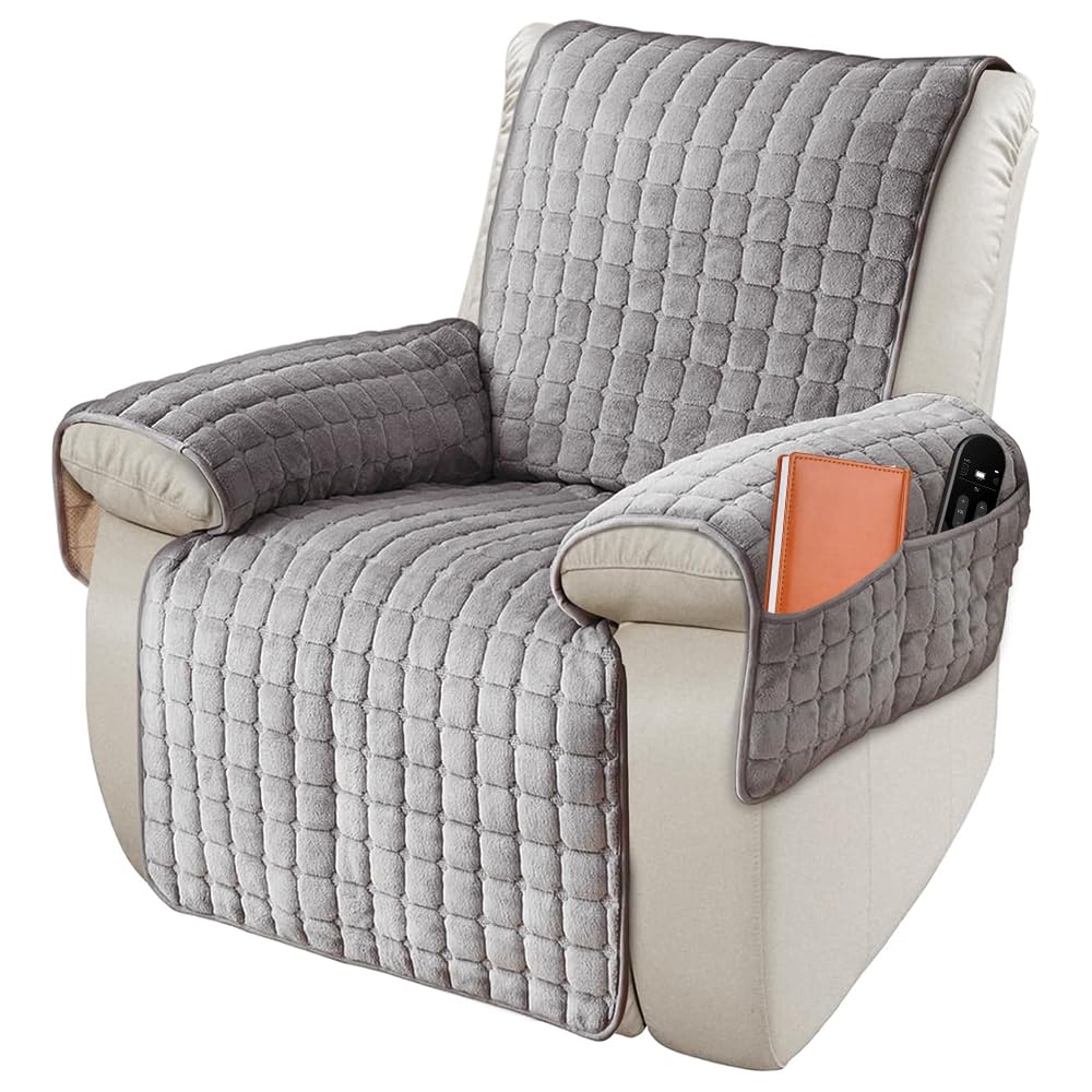 Jonuin Armchair Covers with Pockets, Non Slip Recliner Chair Cover with Elastic Strap, Soft Flannel Chair Covers for Armchairs, Washable Armchair Slipcovers, Sofa Protector for Pets & Kids (Dark Grey)