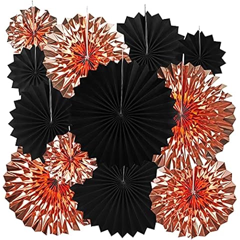 Black Rose Gold Party Hanging Paper Fans - Bachelorette Wedding Anniversary Hen Out Women Birthday Baby Shower Graduation New Year Retirement Party Photo Booth Backdrops Decorations, 12pc Cover