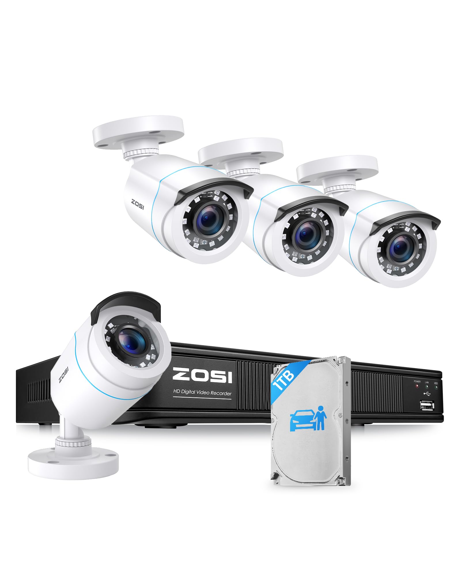 H.265+ Full 1080p Home Security Camera System Outdoor Indoor, 5MP-Lite CCTV DVR 8 Channel with AI Human Vehicle Detection, 4 x 1080p Weatherproof Surveillance Camera, 80ft Night Vision, 1TB HDD