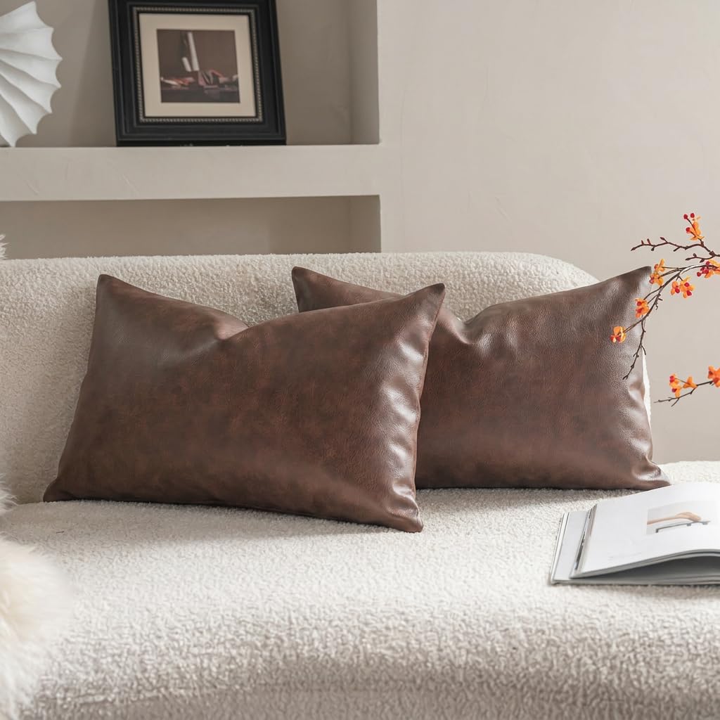 Neelvin Faux Leather Decorative Throw Pillow Covers Modern Solid 12x20 inch Set of 2 Pillowcase Cushion Case for Bed Sofa Couch Darkbrown（No Edging）