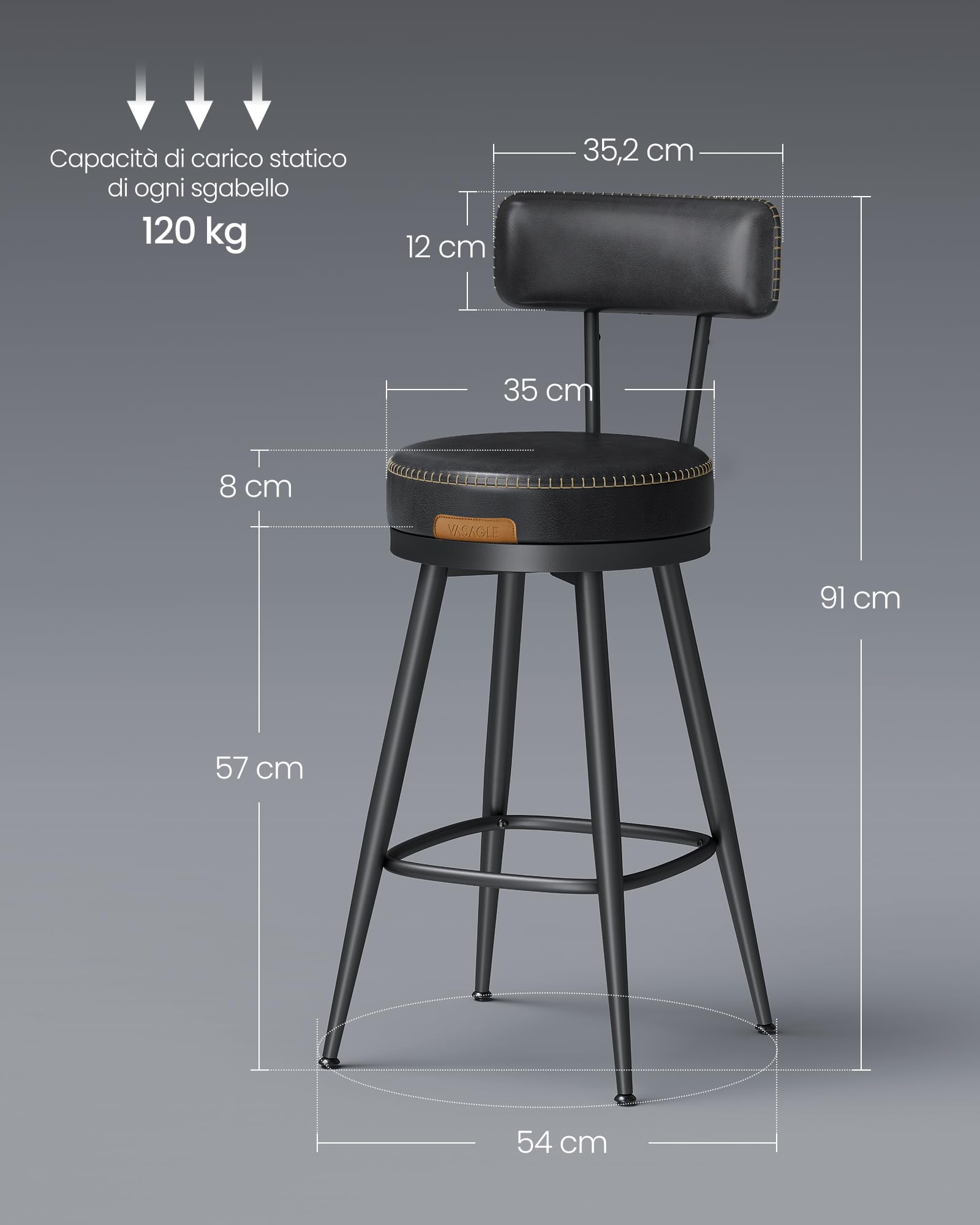 VASAGLE EKHO Collezione - Sgabelli Cucina Girevoli a 360° Set da 2, Sgabelli da Bar con Schienali, Rivestimento con Cucitura, Moderno di Metà Secolo, Altezza 65 cm, Nero Inchiostro LBC089B01