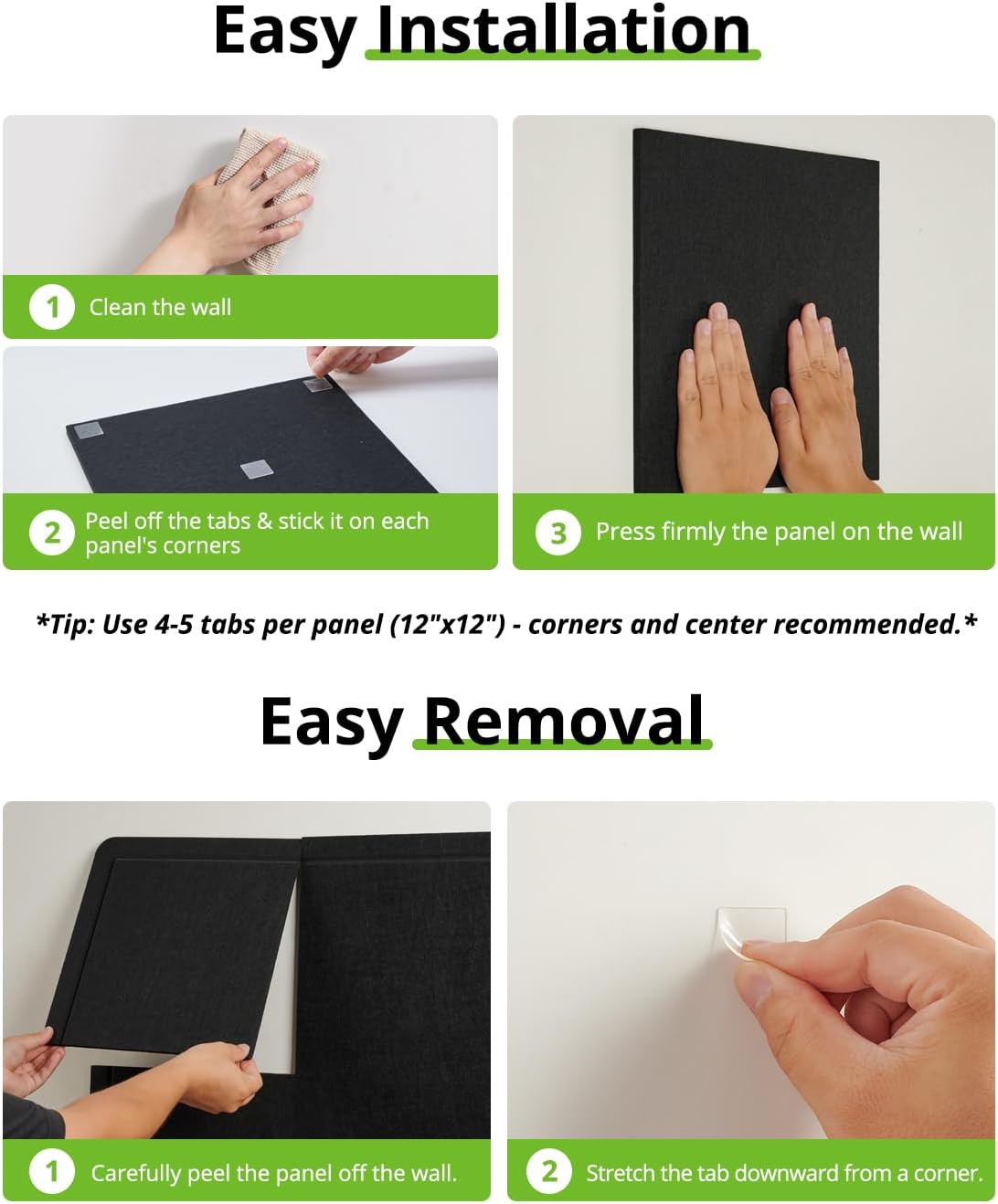 Bulletin Board, 48 x 36 inches Cork Board Alternative, 12 Pack 12"X12"X0.4" Felt Pin Boards for Walls Home Office Decor, Classroom with 60 Adhesive Tabs Black