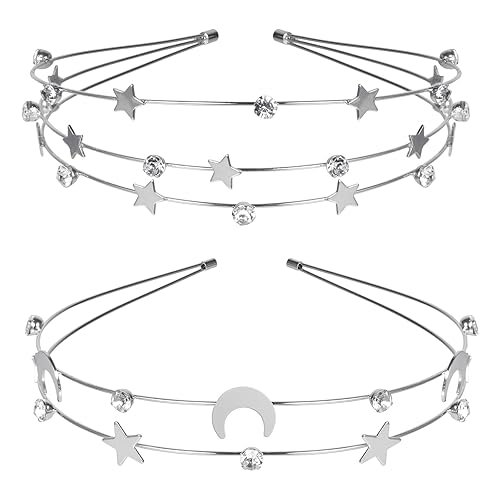 Paquete de 2 diademas con diamantes de imitación de estrella y luna para mujeres y niñas, accesorios elásticos para peinar el cabello, bandas para