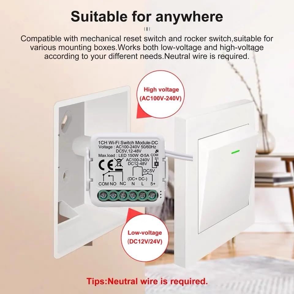 MHCOZY 1-Channel WiFi Relay Module installed in a wall switch box, showing connections for high voltage (AC100V-240V) and low voltage (DC12V/24V) applications. A neutral wire is required.