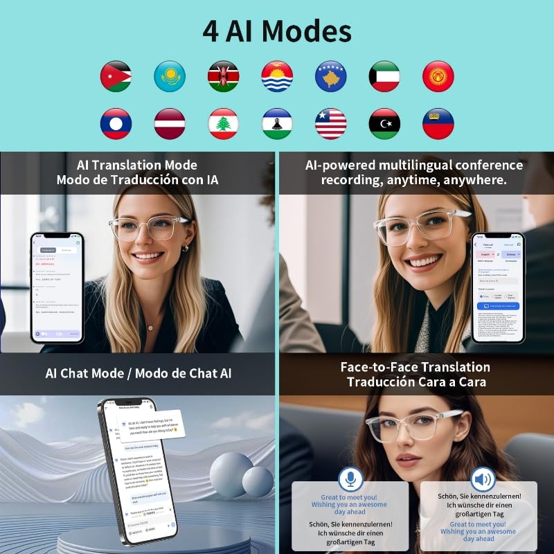 Image of AI Smart Glasses for Women Men, Real-time Translation 169 Languages | Open-Ear Bluetooth Glasses with Clear Brown Frames Photochromic Lenses Build-in Mic & Speakers Touch Control Travel Business