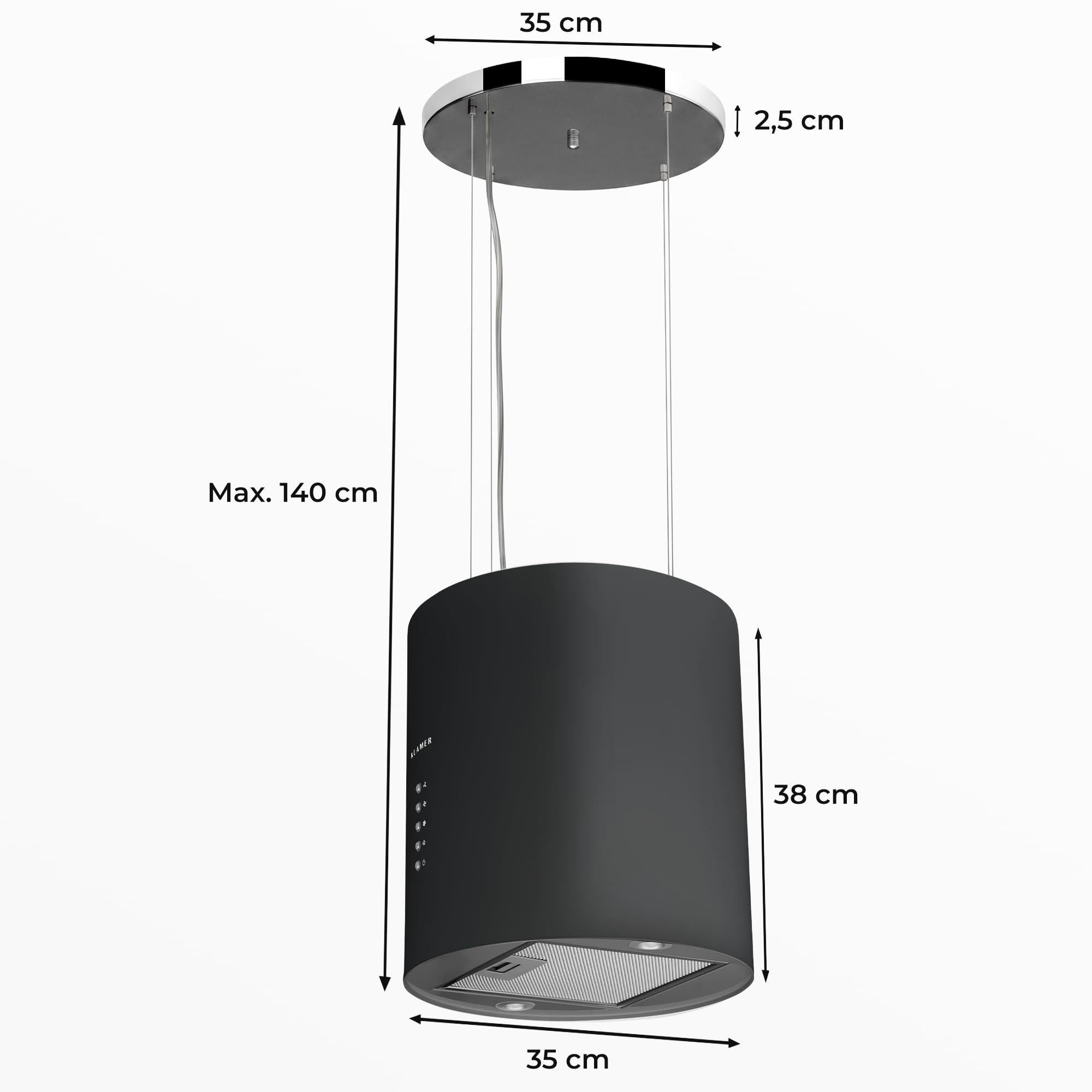Klamer Inselabzugshaube Schwarz 536 m³/h Dunstabzugshaube Freihängend Umluft & Abluft A++ 3 Stufen LED
