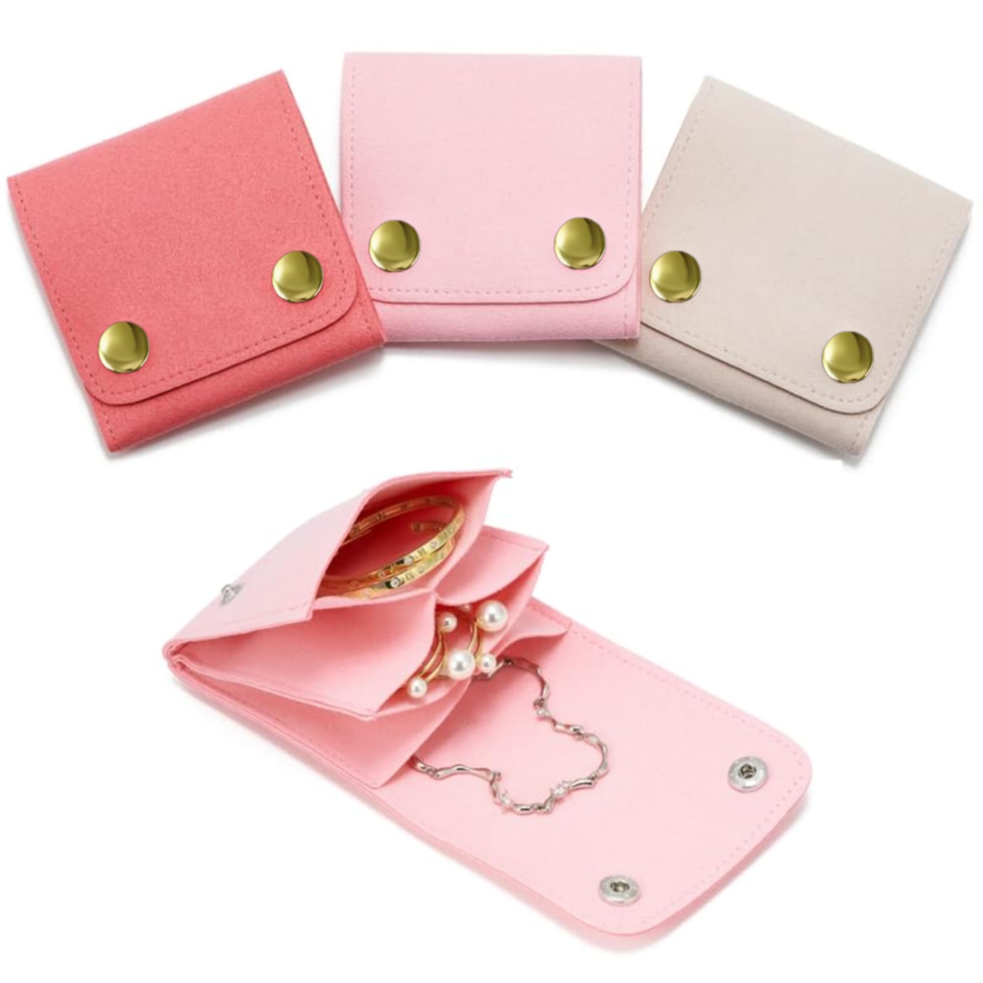 WSXBAGY Small Jewelry Bags 3 Pcs Microfiber Jewerly Rolls Small Bags for Jewelry Gift Bags Jewelry Organizer Pouch with Snap Button for Bracelet Rings Necklace for Traveling Gifting, 3