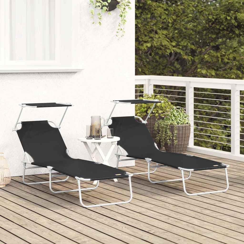 Leżak ogrodowy, 2 sztuki, czarny, 58 x 188 x 77 cm, poliester z regulowanym oparciem i zagłówkiem, składany, na balkon, taras, basen, kemping, do wellness i aktywności na świeżym powietrzu