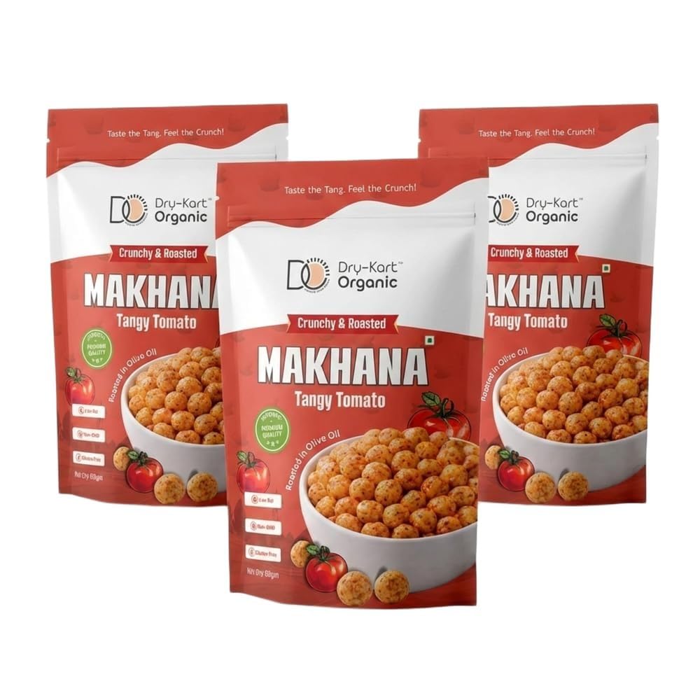 DRY-KART ORGANIC Roasted Makhana Tangy Tomato Flavor | 80g x 3 Triple Pack | Crunchy Healthy Snack | High Calcium Fox Nuts | Zesty & Lightly Spiced | Premium Quality-image-19