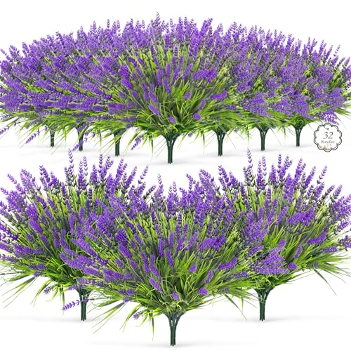 32 Bundles Faux Lavender Plants Outdoor UV Resistant Fake Lavender Flower