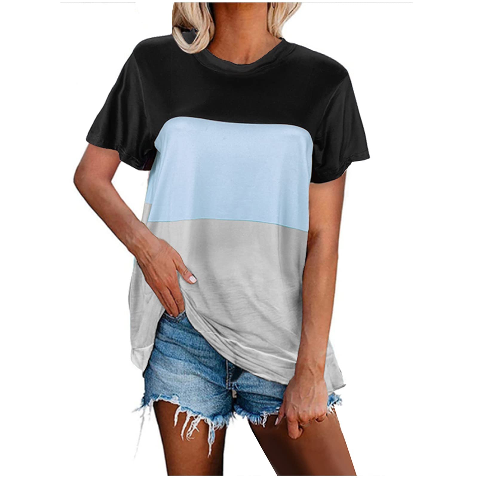 Summer Women Casual Colorblock Tunic Tops Trendy Print Short Sleeve Summer Crewneck T-Shirts Loose Soft Elastic Comfy Blouses