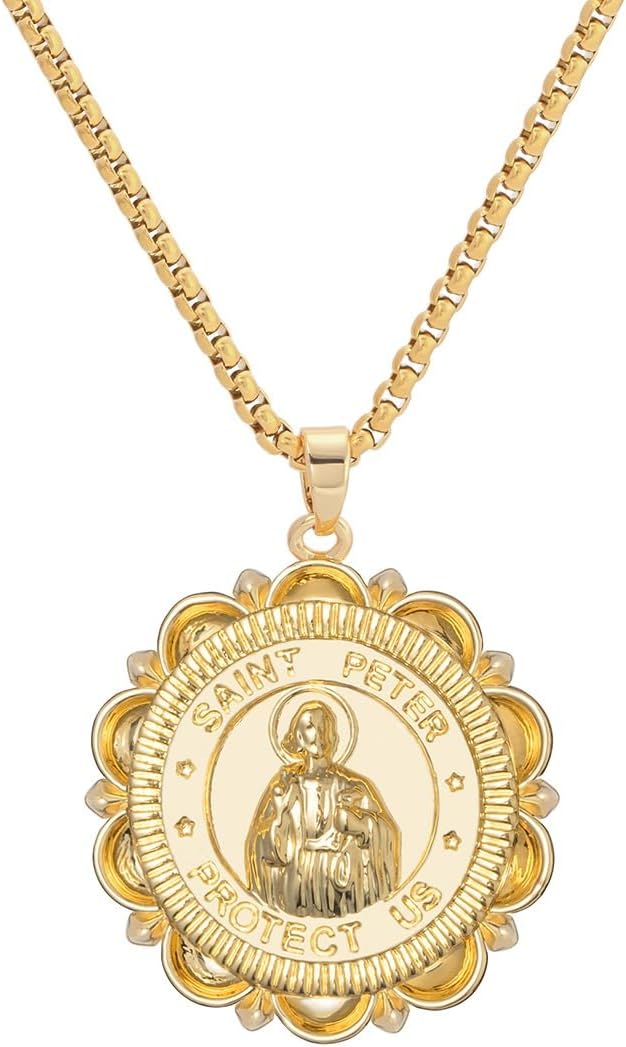 Divine Guardian Patron Amulet: St Michael/St Christopher/St Benedict/Saint Jude/Virgin Mary/Jesus Cross/St Joseph/St Anthony Pendant Necklace for Men Women - 18k Gold Medal Jewelry (Saint Peter)