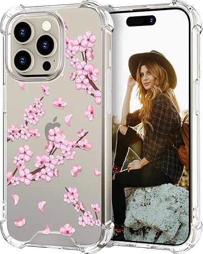 Funda compatible con iPhone 15 Pro, diseño femenino y estético de flores floral, color rosa, funda compatible con iPhone 15 Pro, flor de cerezo