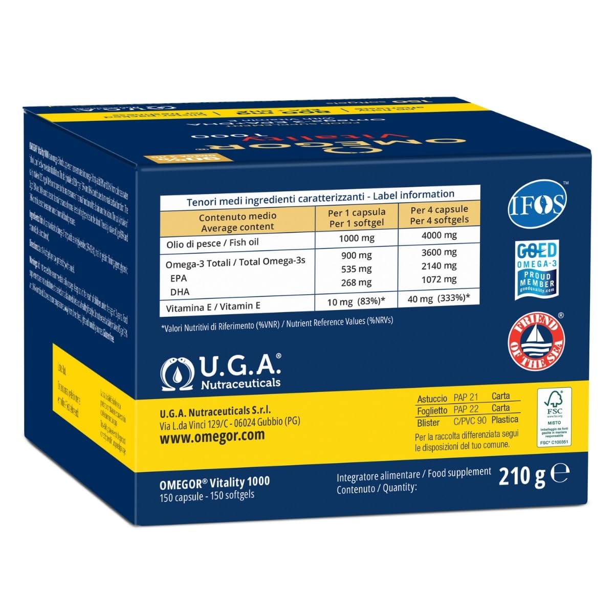 Omegor Vitality 1000 - Supplément avec 1000 mg d'oméga 3 - vitamine E - Pour votre cœur et votre cerveau - Concentration d'oméga 3 à 90% - 5-Star Certificat IFOS - Huile de poisson pure - 150 gélules