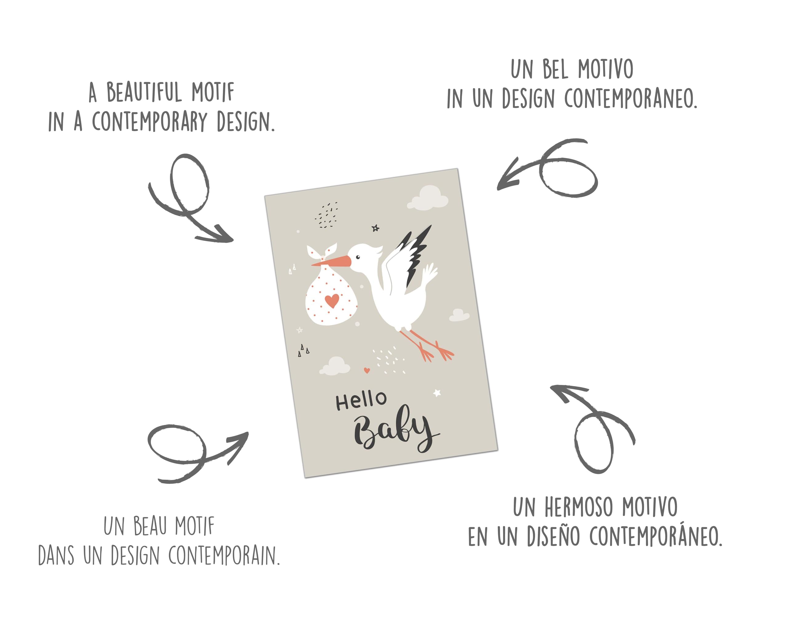 Edition Seidel Biglietto D'Auguri Per Nascita 'Hello Baby' Con Cicogna: Formato 11,5x17 Cm, Con Busta Coordinata. Stampato In Germania Su Carta Di Qualità. Design Innovativo. - 2