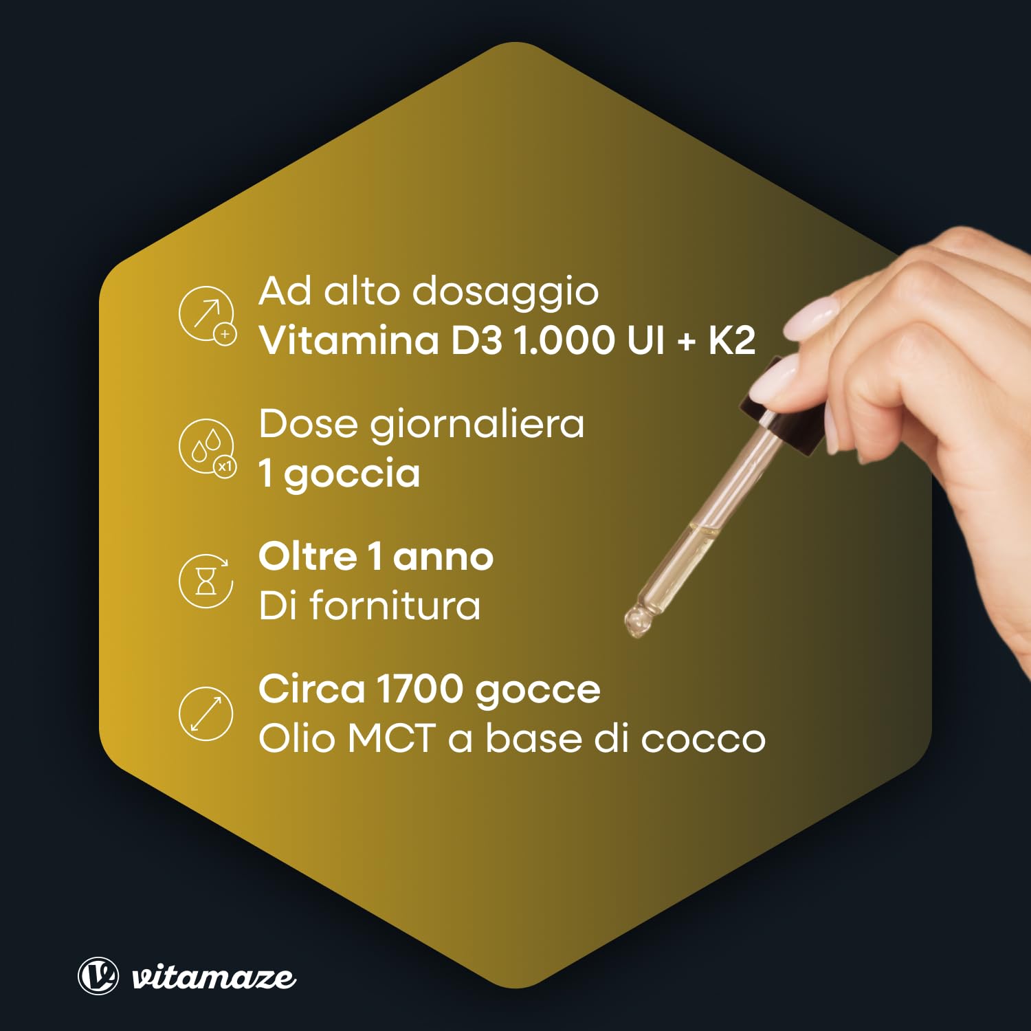 Vitamina D3 + K2 Gocce, 1000 UI ad Alta Dose, Vegetariano & Liquido (99,7+% All-Trans MK-7), 50 ml (1700 Gocce), Elevata Biodisponibilità, Nessun Additivo Inutile, Vitamaze