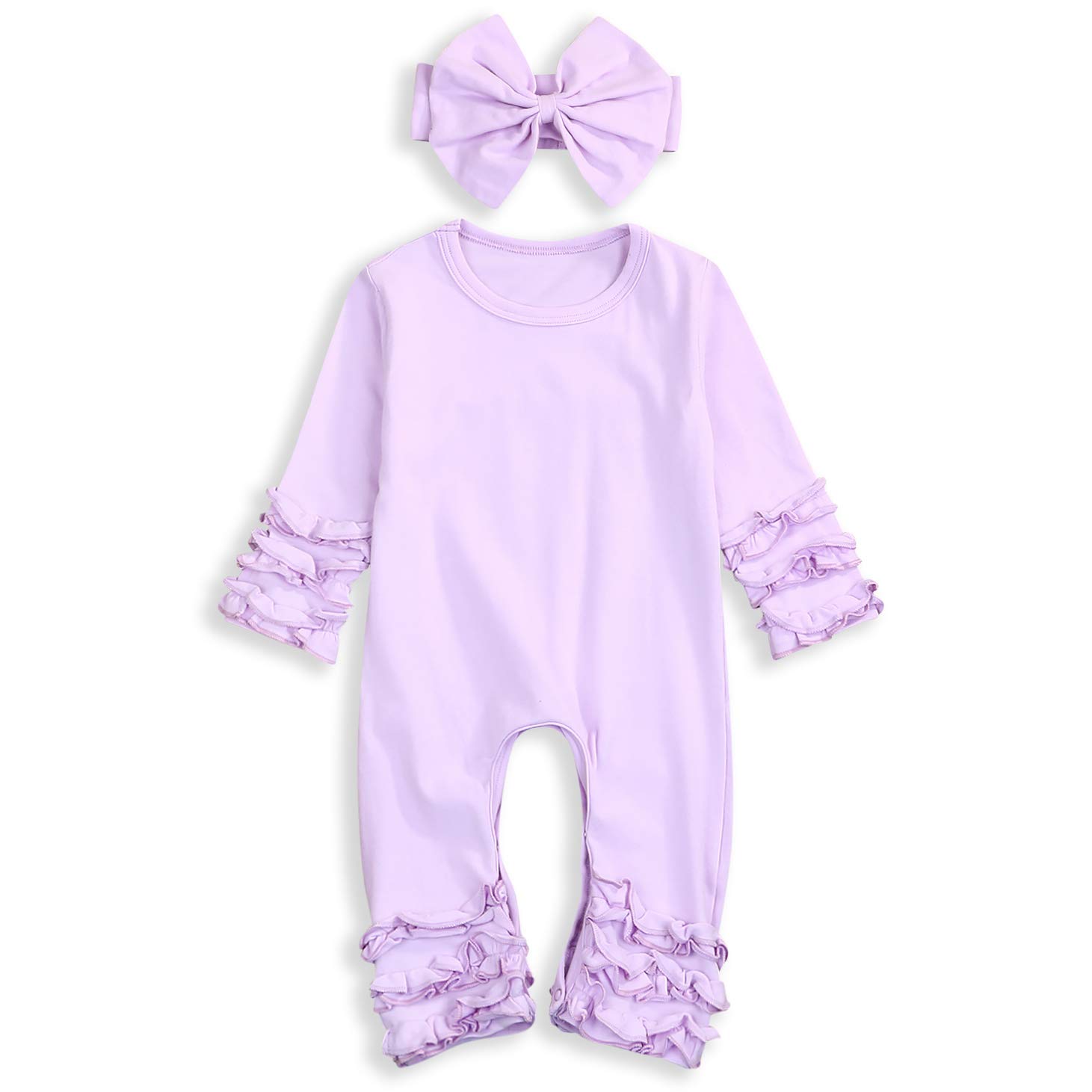 GRNSHTS Newborn Baby Girls Ruffle Romper Solid Long Sleeve Jumpsuit One-Piece Coming Home Clothes With Headband