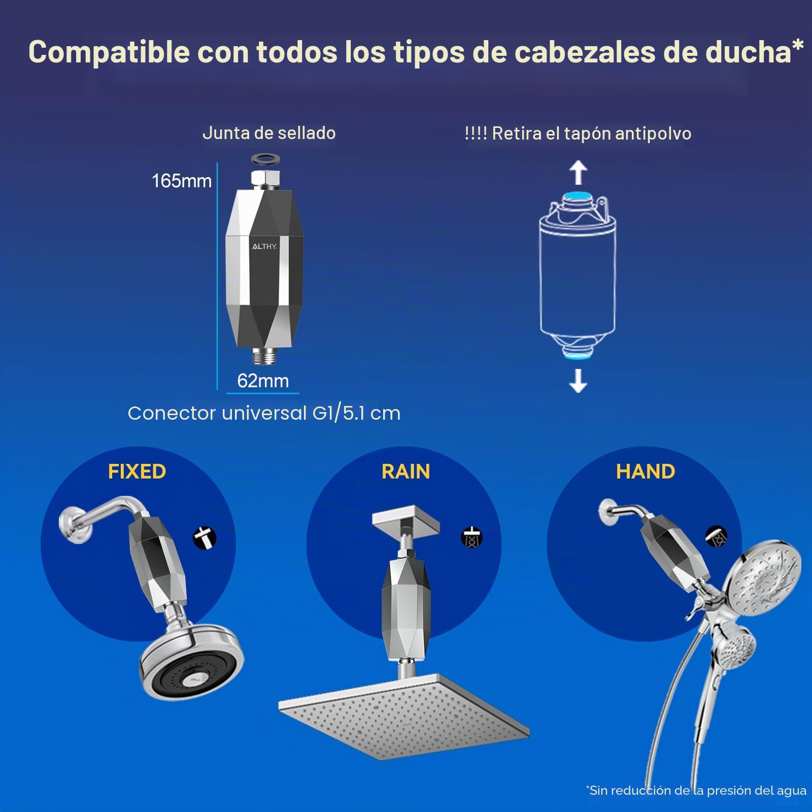 ALTHY Filtro de ducha de con vitamina C para agua dura - Filtro de cabezal de ducha, CROMADO,Reduce el cloro y el metal pesado, mejora la piel seca, la caspa del cabello, el eccema(4 Filtro Incluido)