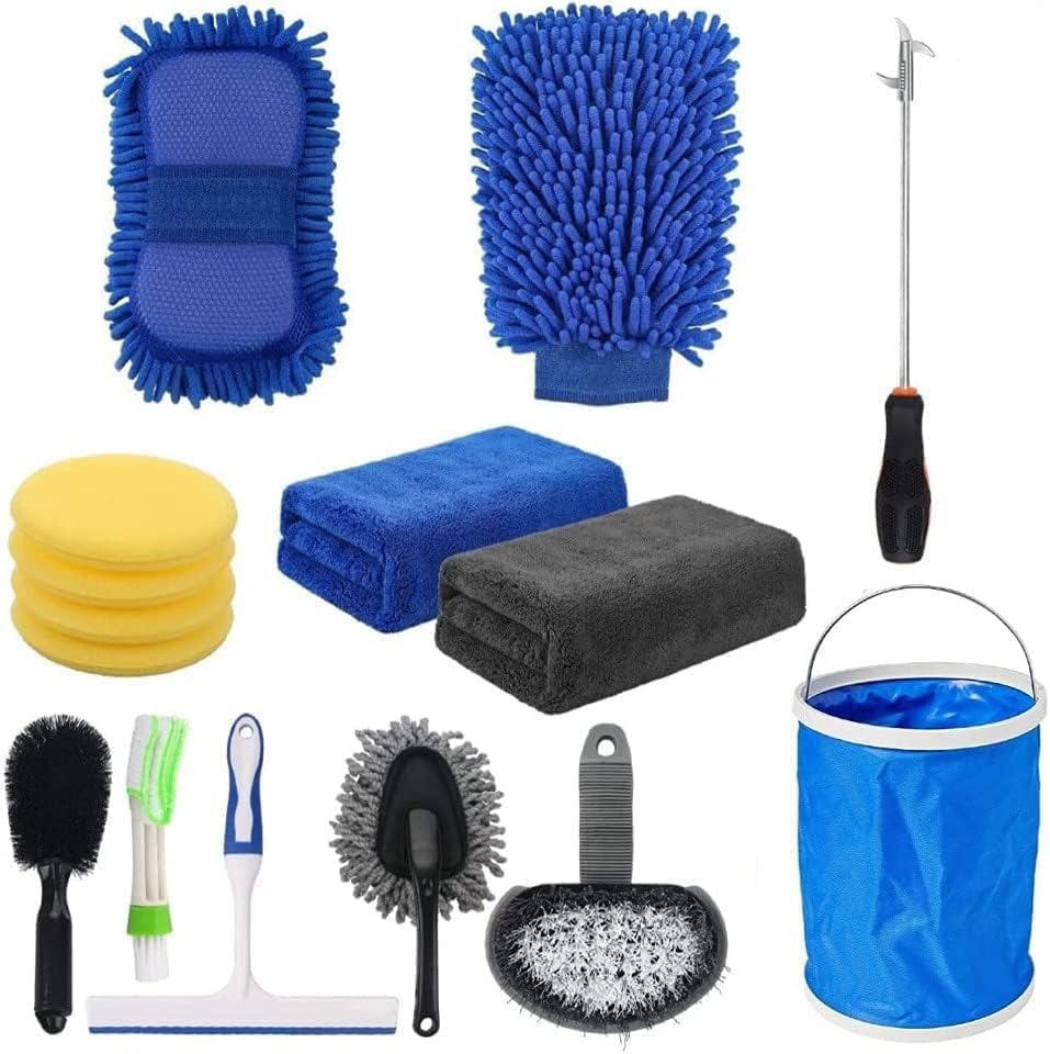 Car Wash Cleaning Tools Kit Car Detailing Set with Bag Collapsible Bucket Wash Mitt Sponge Towels Tire Brush Window Scraper Duster Complete Interior Car Care Kit, 18