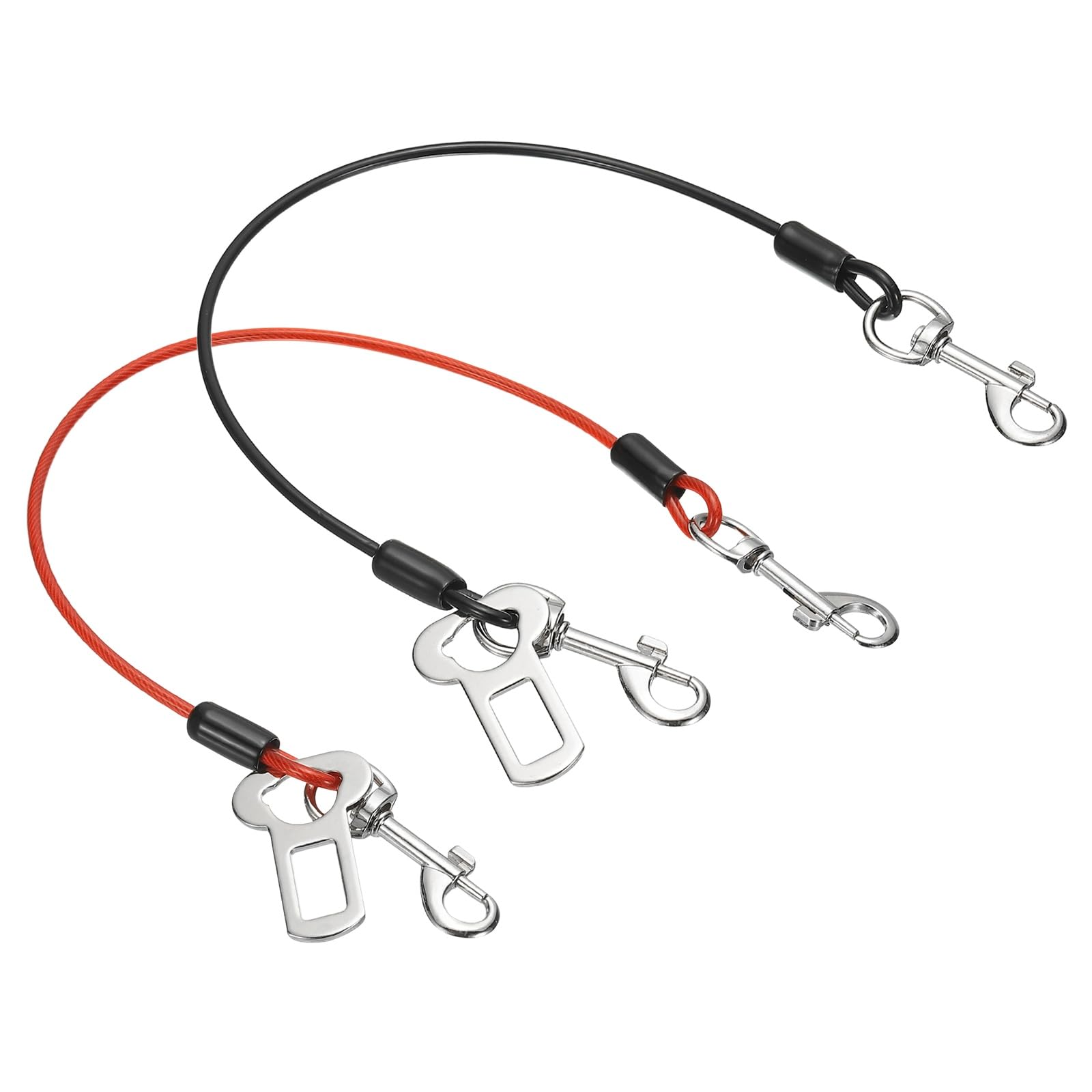 PATIKIL Chew Proof Dog Leash, 16 in Dog Seat Belt Harness with Double Clips Leash Extender Steel Braided Vehicle Tether, (Black/Red, 2 Pcs), Intended for Pet Walking/Training