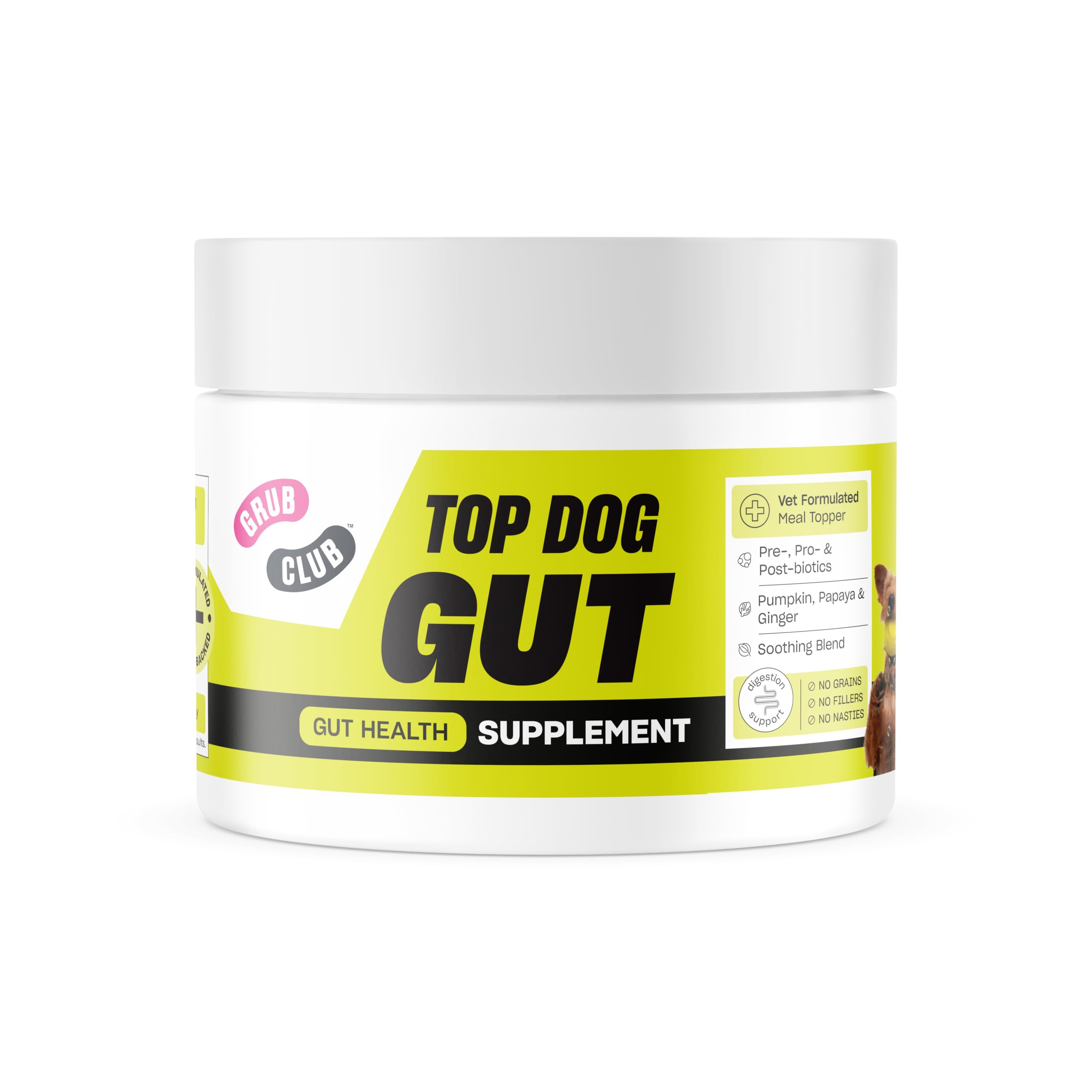 Grub Club Top Dog Gut (150g - Up To 2 Months Supply) - Vet-Formulated Dry Dog Food Topper Supplement To Boost Meal Nutrition - Packed With Natural Fibre And Pre & Probiotics For Dogs - Made In The UK