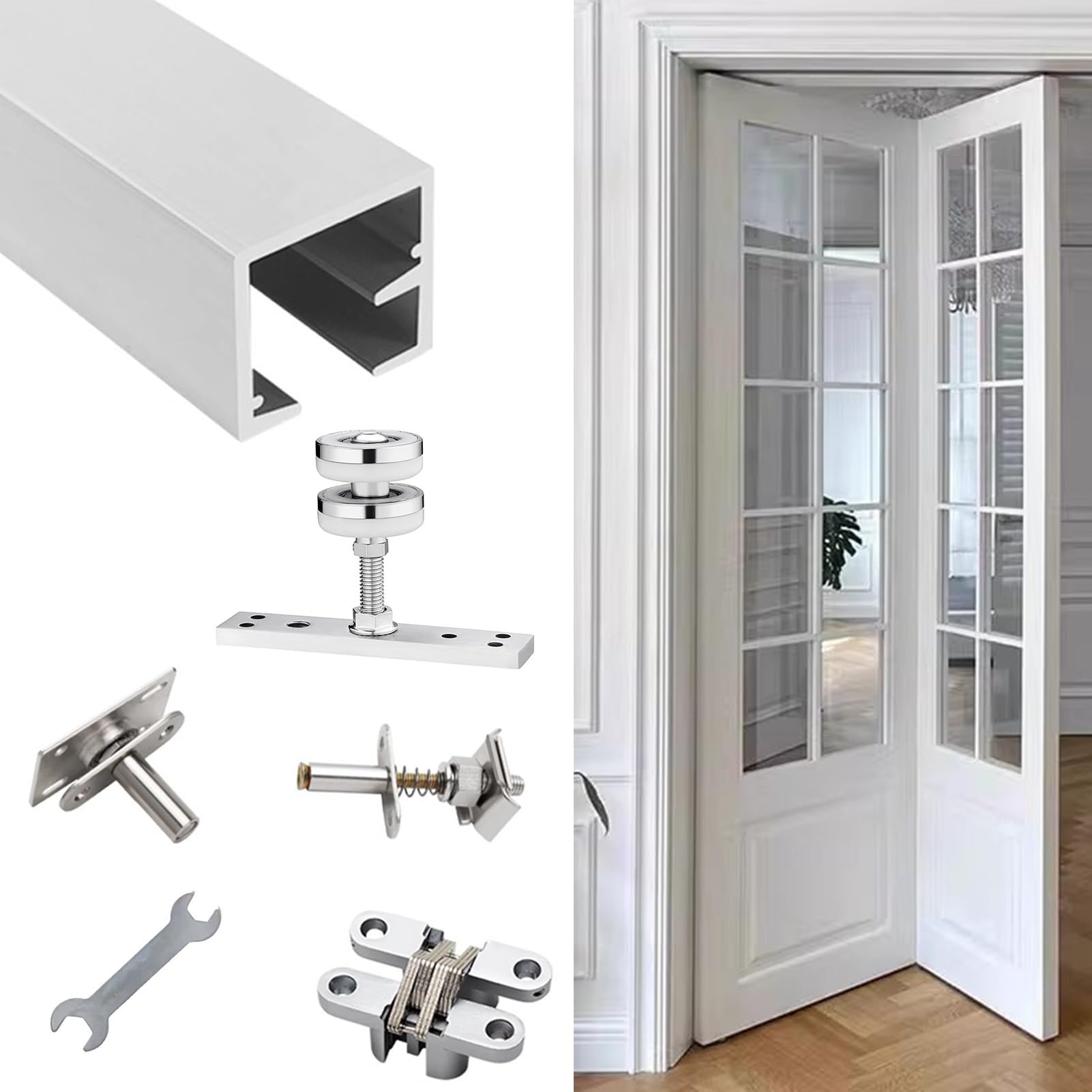 Zestaw szyn do drzwi przesuwnych – system składania 2 drzwi z okuciami, uchwyt sufitowy 220 cm / 86.6in zapewnia płynność, idealny zamiennik do drzwi przesuwnych.