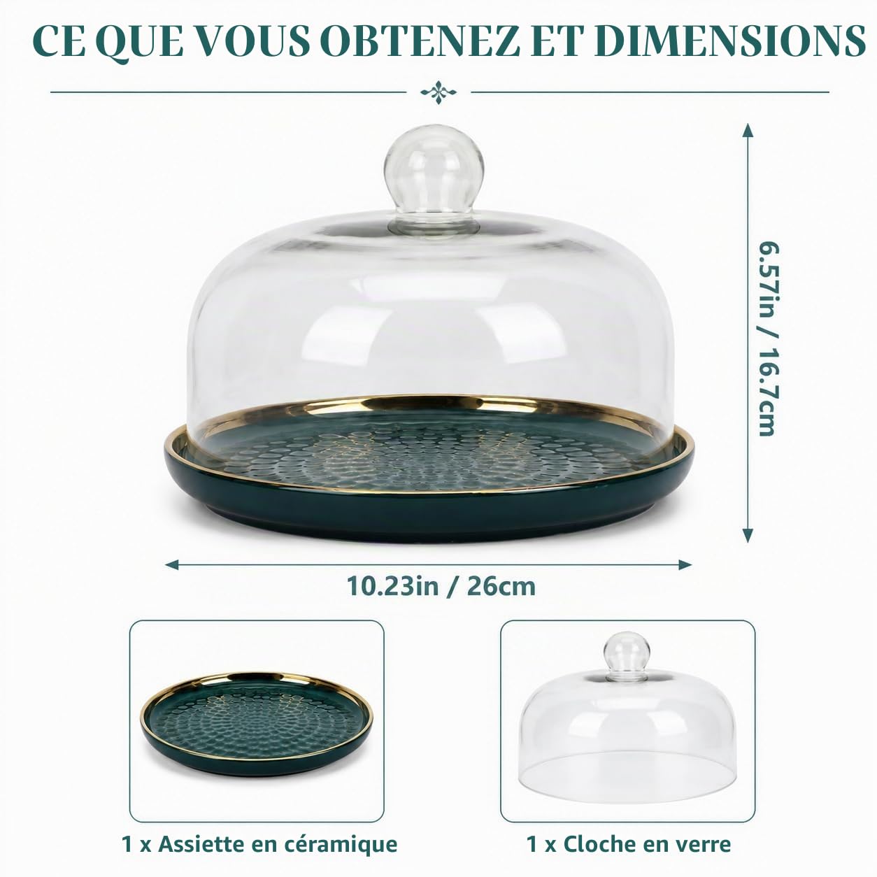 Présentoir à gâteau en céramique avec Cloche en Verre,Assiette en Porcelaine avec Cloche à gâteau,Cloche à gâteau,Cloche à Fromage,Cloche en Verre,Couvercle Alimentaire de 10"