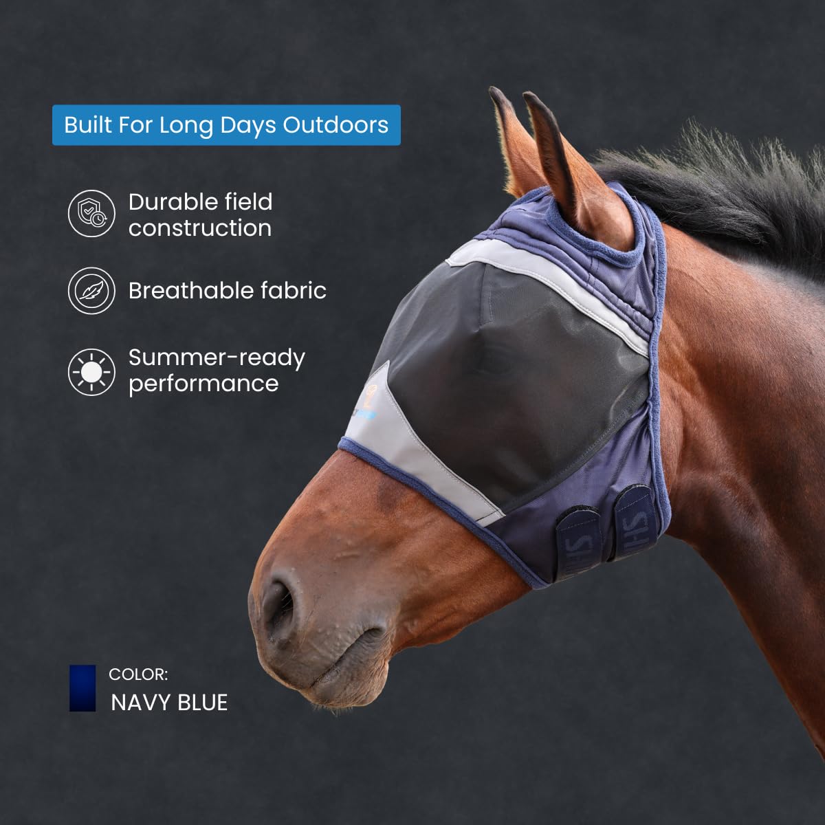 Shires FlyGuard Pro - Máscara de malla fina con protección UV, color azul marino/completo/agujero para las orejas